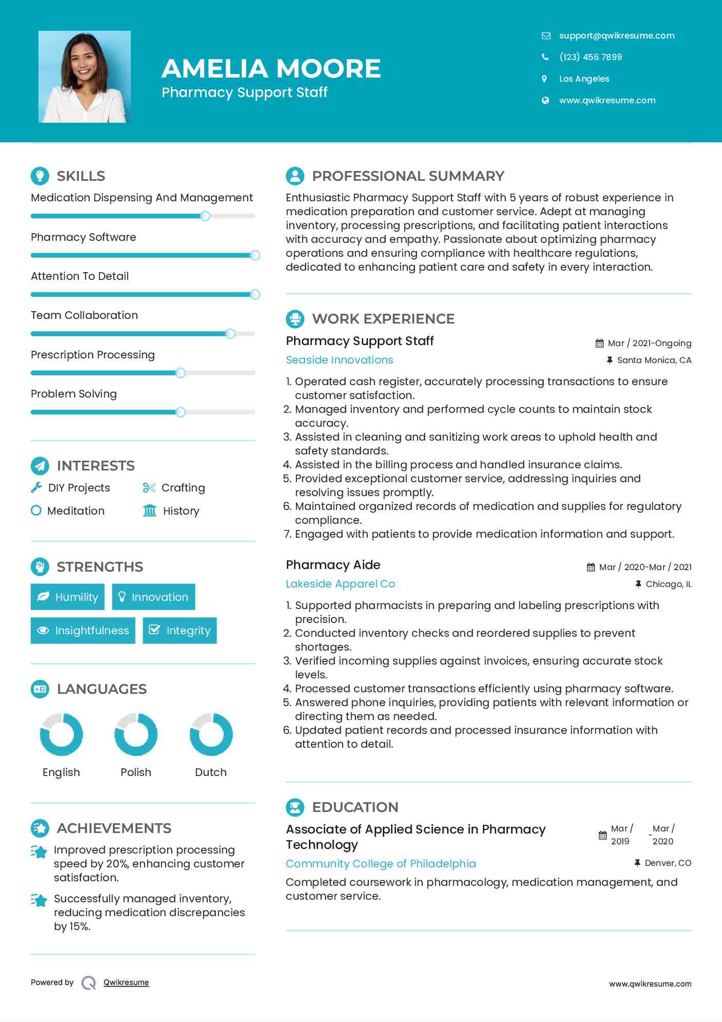 Pharmacy Support Staff Resume Sample