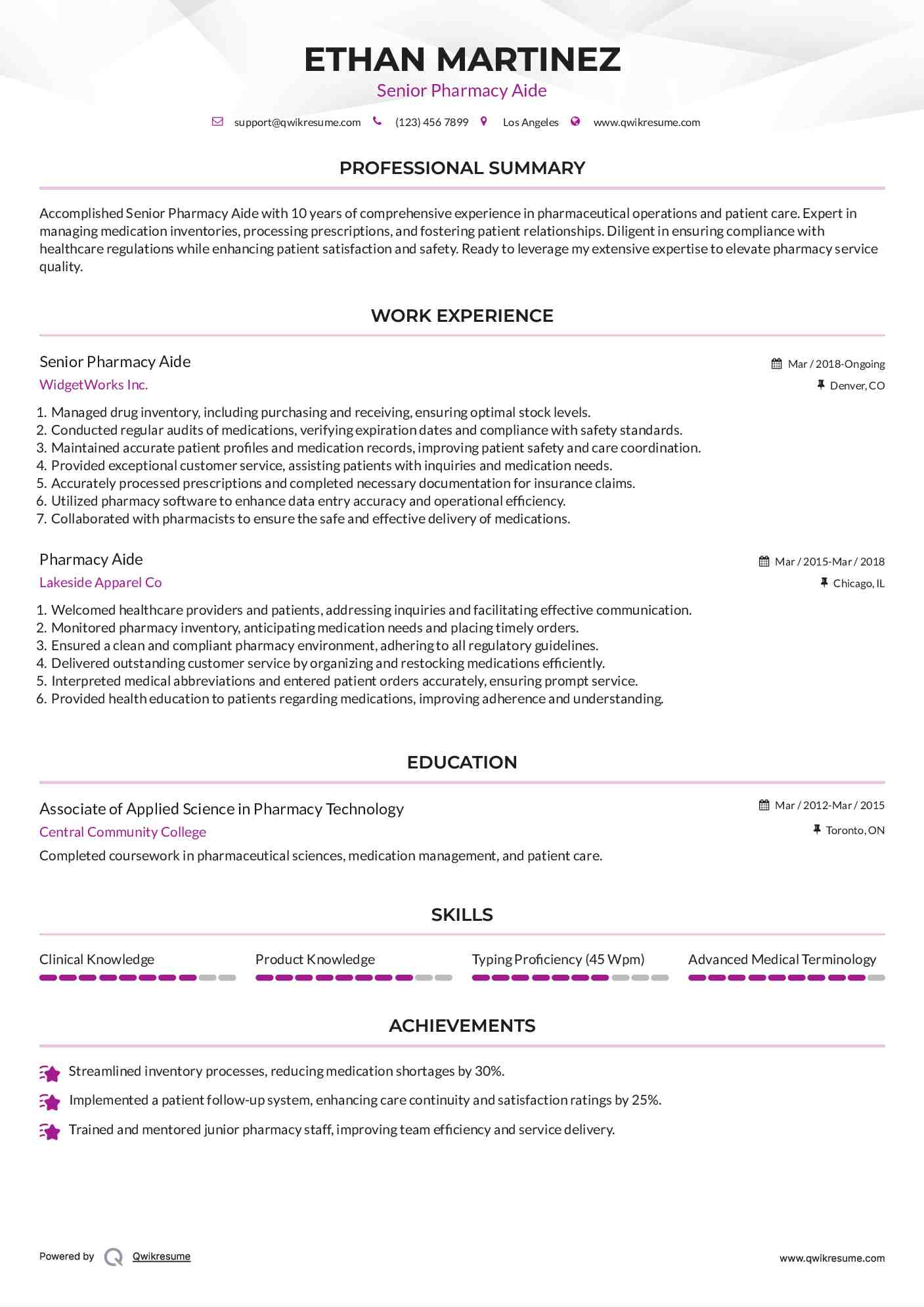 Senior Pharmacy Aide Resume Example