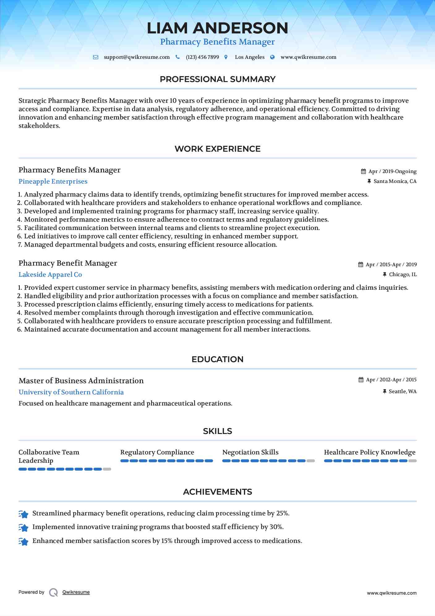 Pharmacy Benefits Manager Resume Example