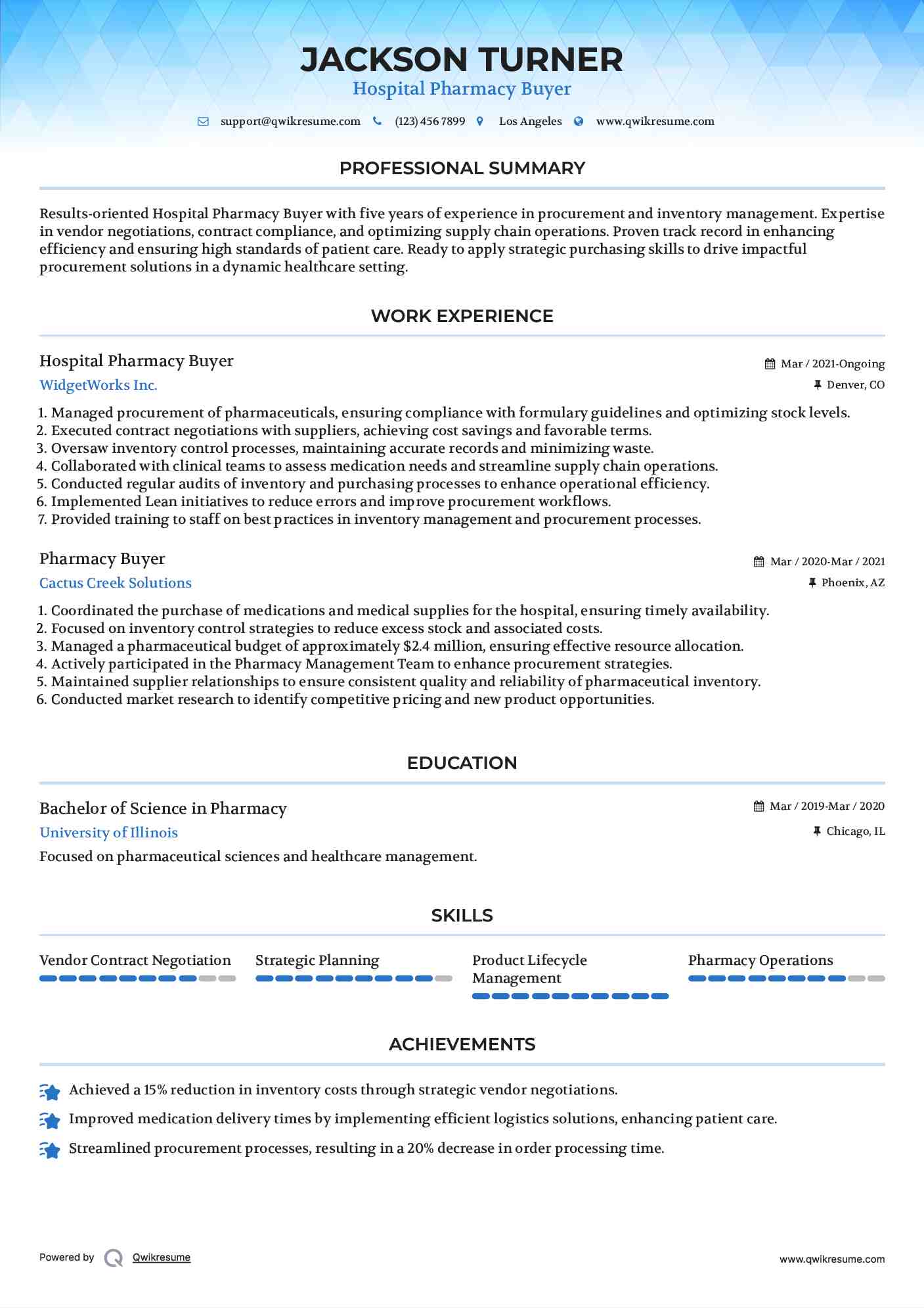 Hospital Pharmacy Buyer
 Resume Model