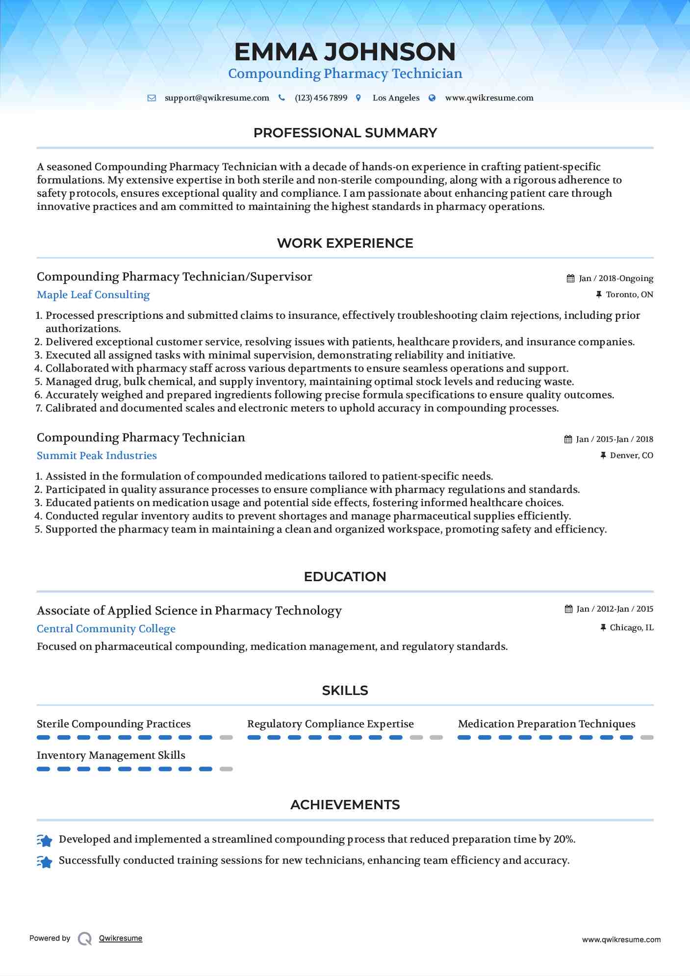 Compounding Pharmacy Technician Resume Samples QwikResume