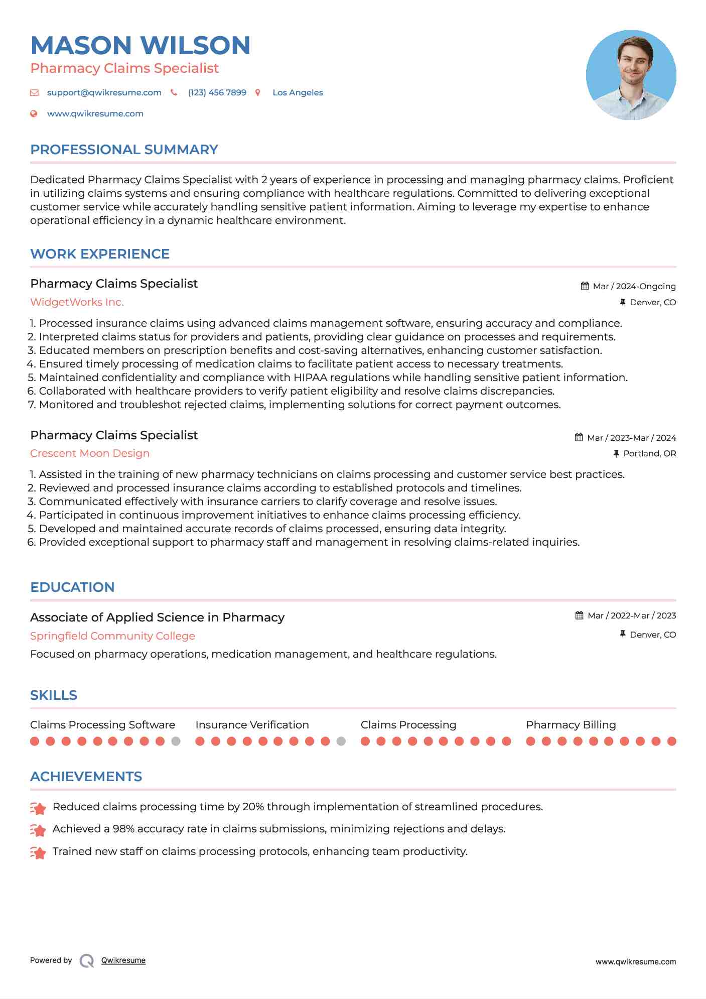 Pharmacy Claims Specialist Resume Sample