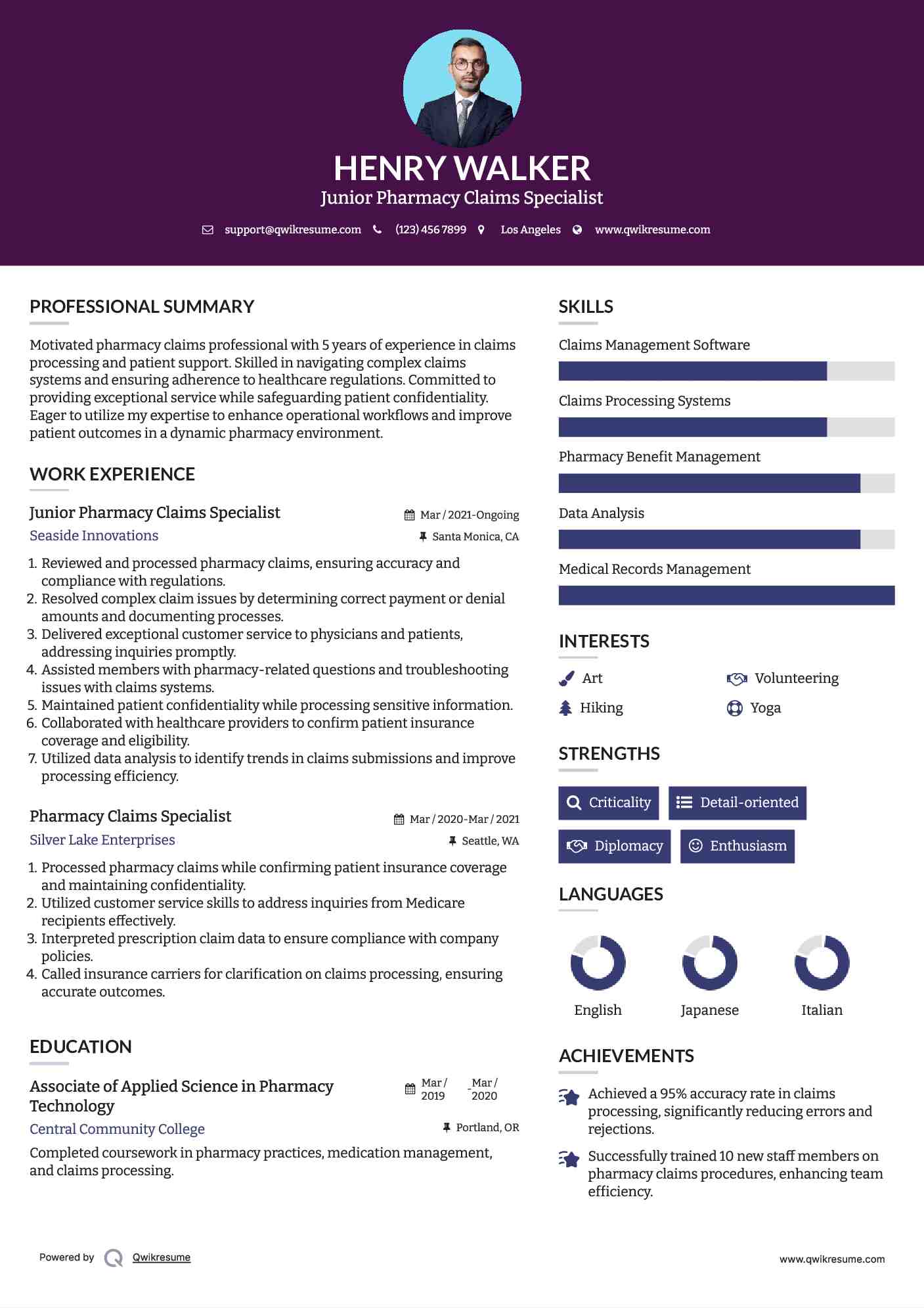 Junior Pharmacy Claims Specialist Resume Model
