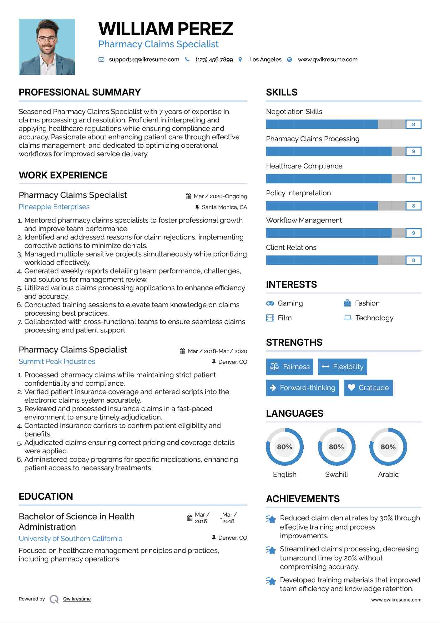 Pharmacy Claims Specialist Resume Sample