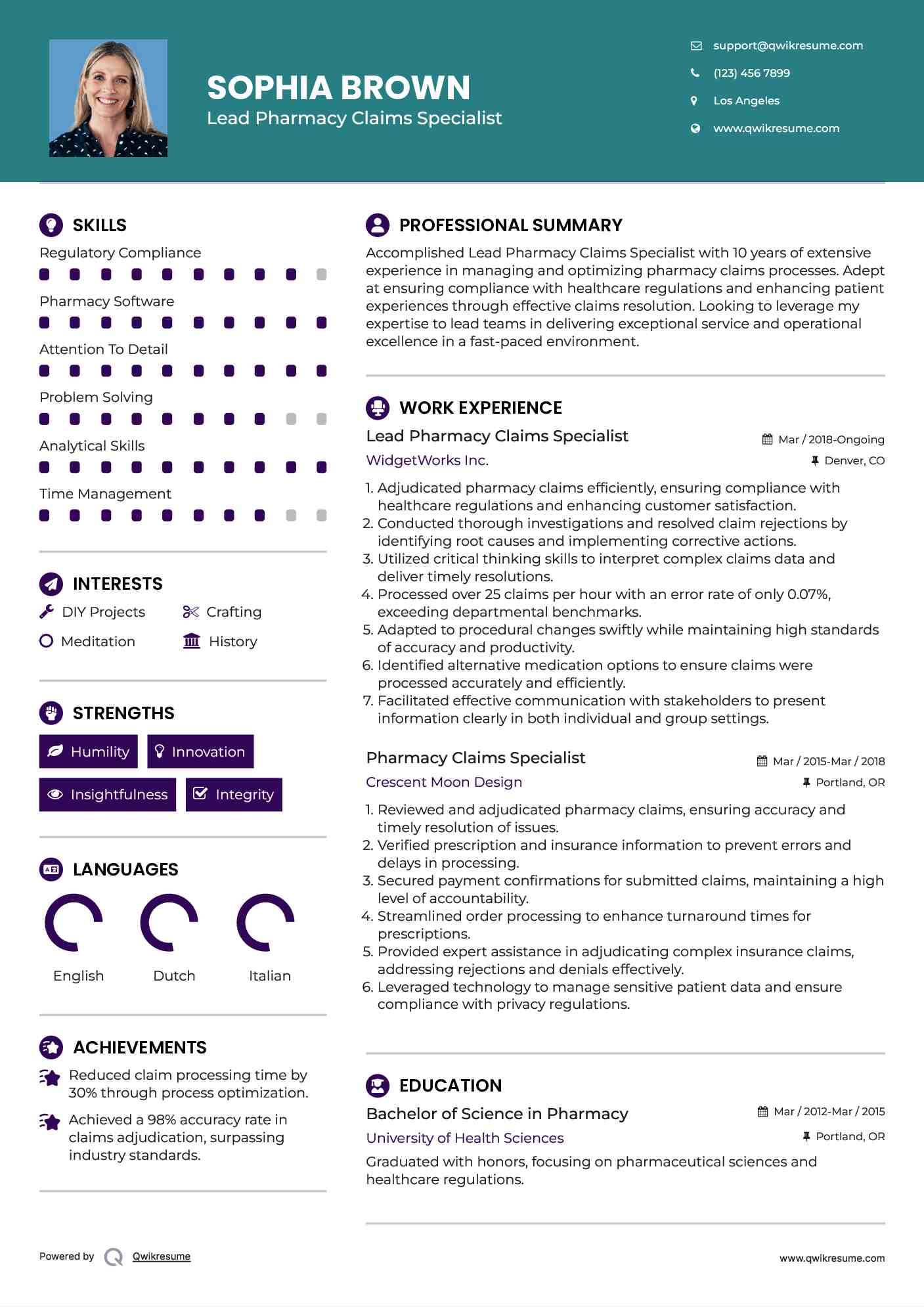 Lead Pharmacy Claims Specialist Resume Example