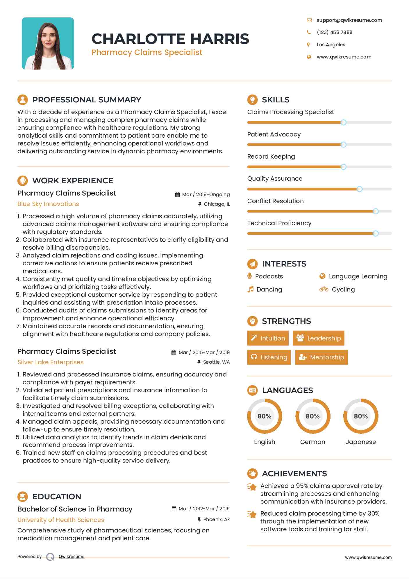 Pharmacy Claims Specialist Resume Example
