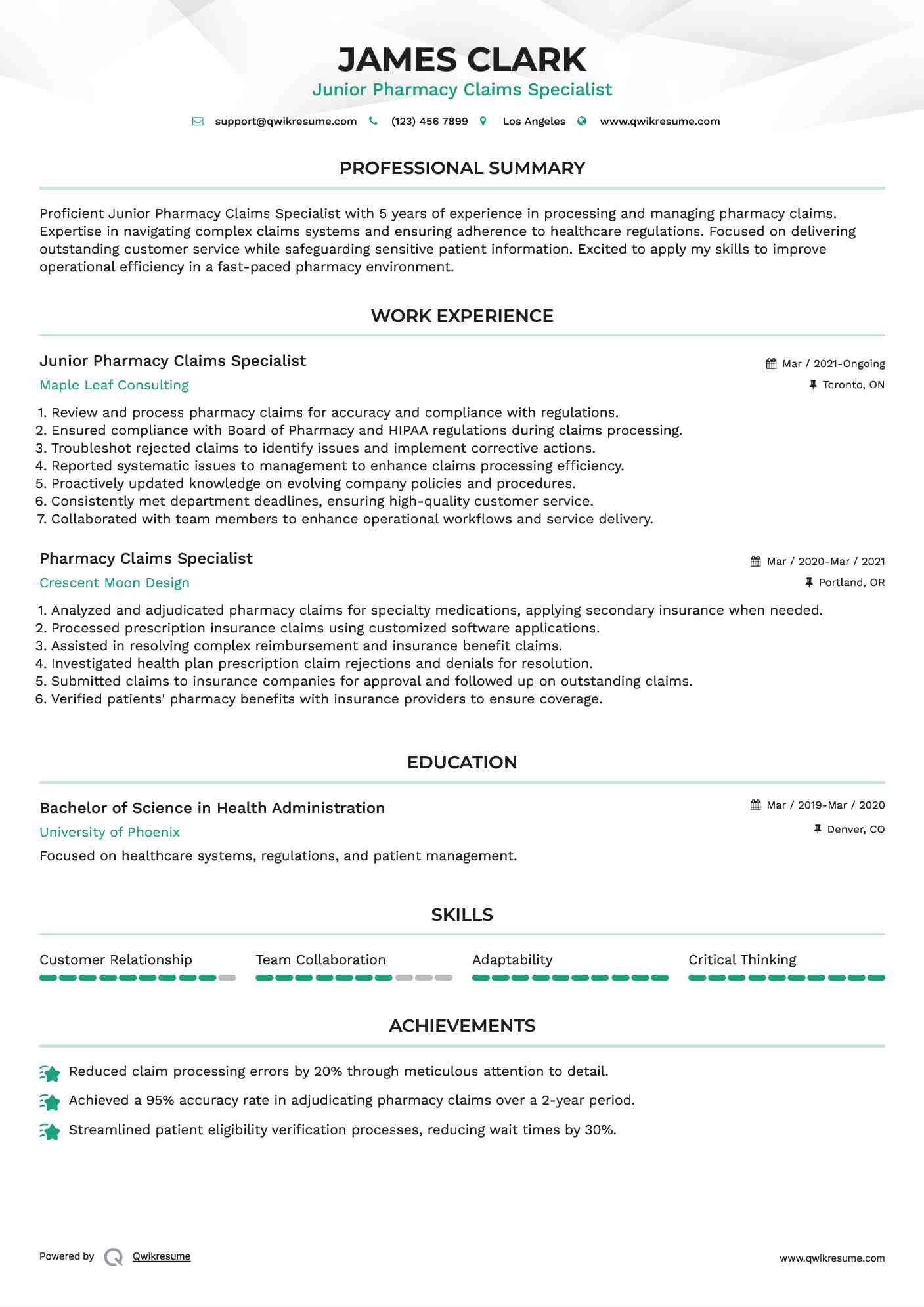 Junior Pharmacy Claims Specialist Resume Model