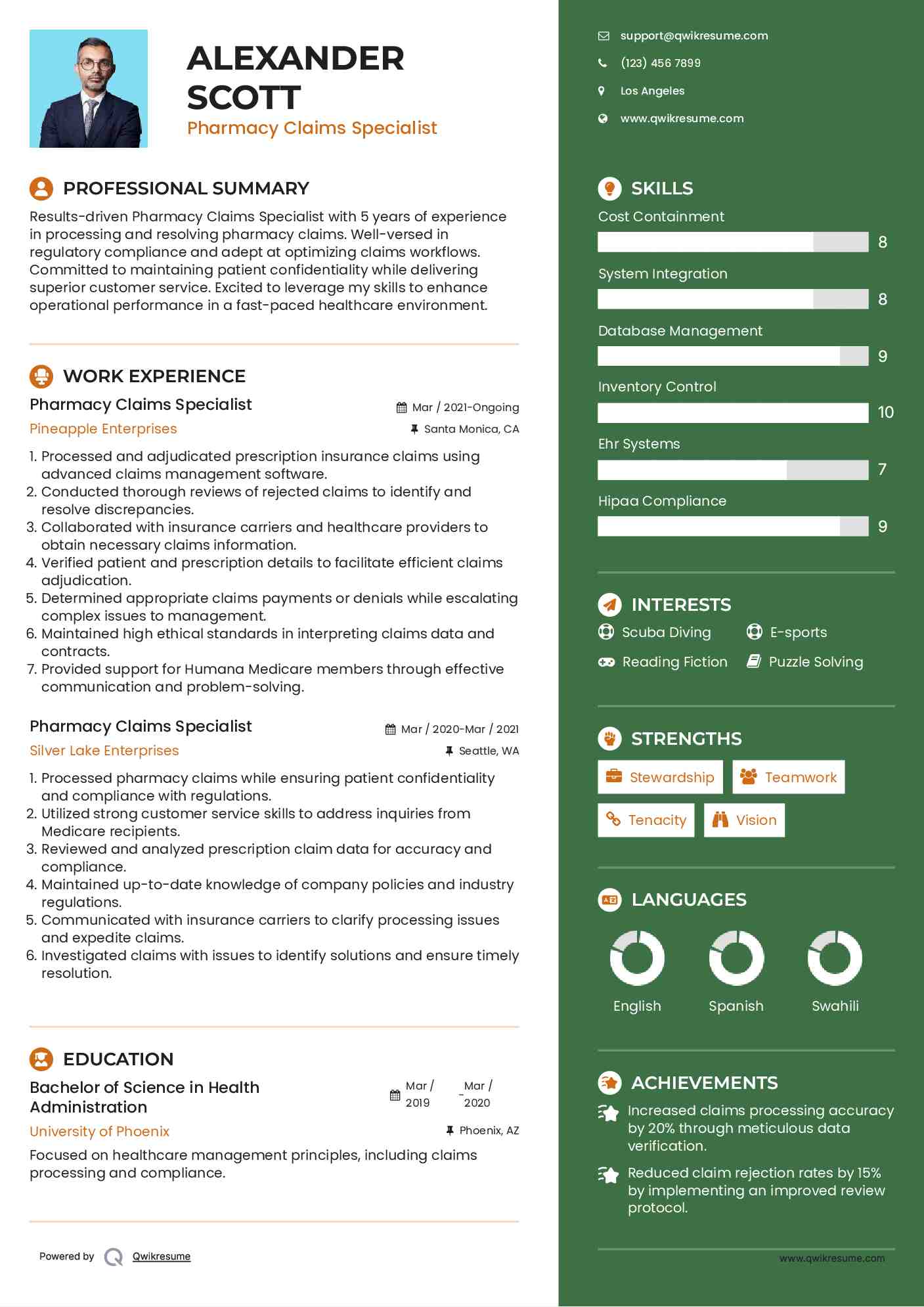 Pharmacy Claims Specialist Resume Template