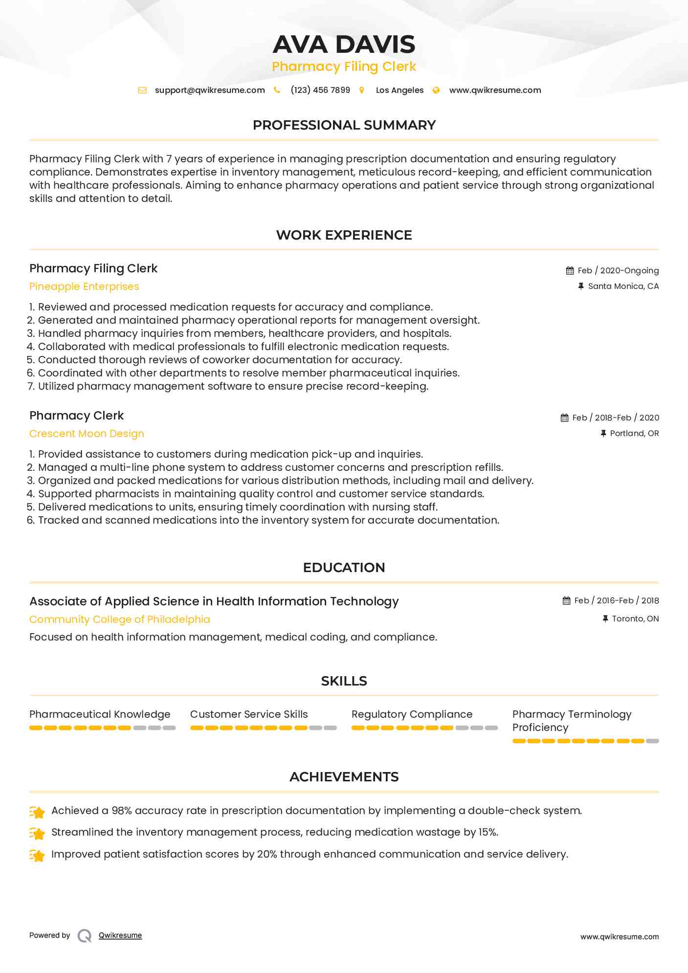 Pharmacy Filing Clerk Resume Model