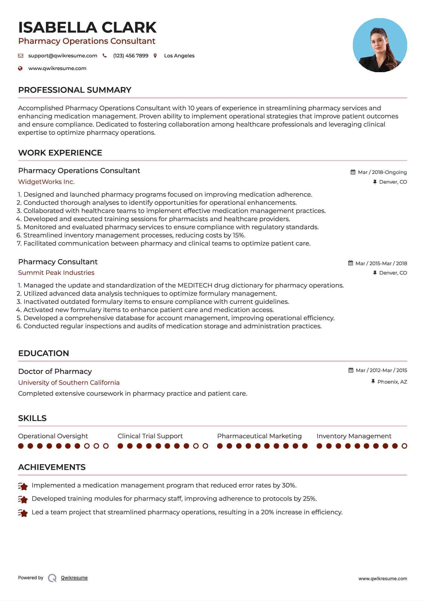 Pharmacy Operations Consultant Resume Sample