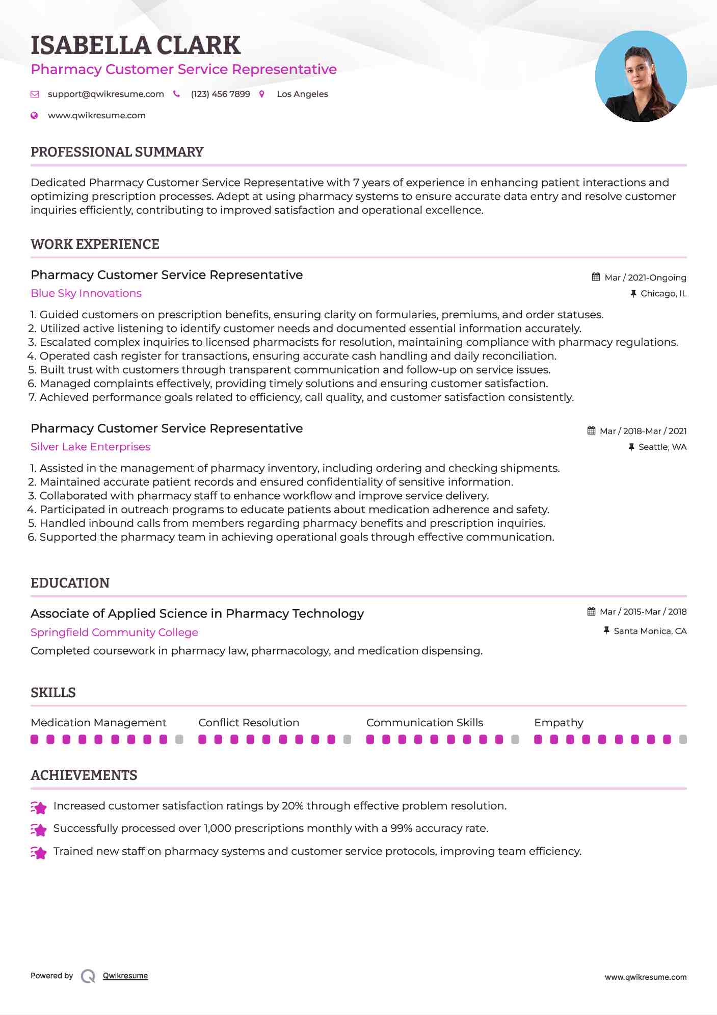 Pharmacy Customer Service Representative Resume Format