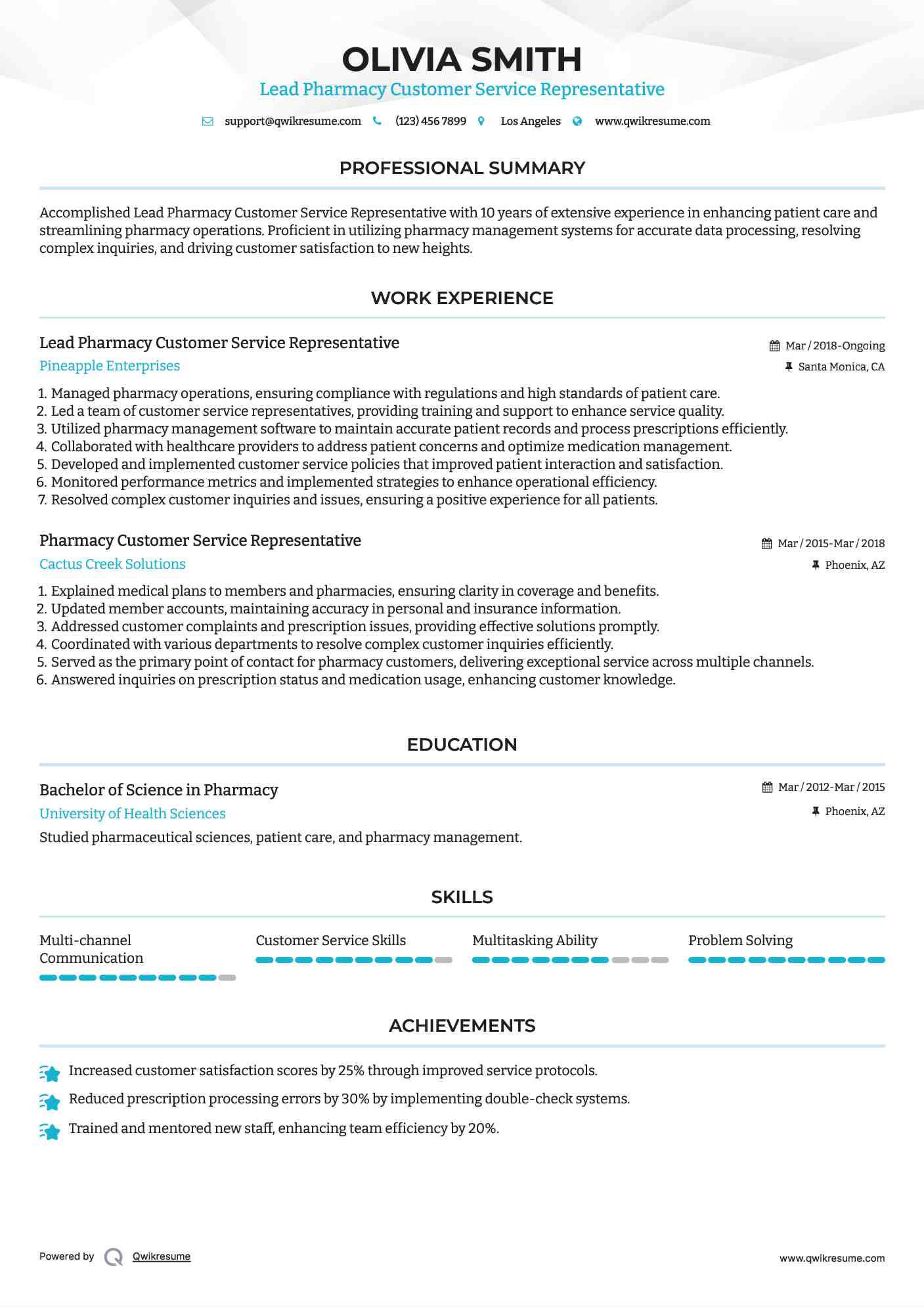 Lead Pharmacy Customer Service Representative Resume Model