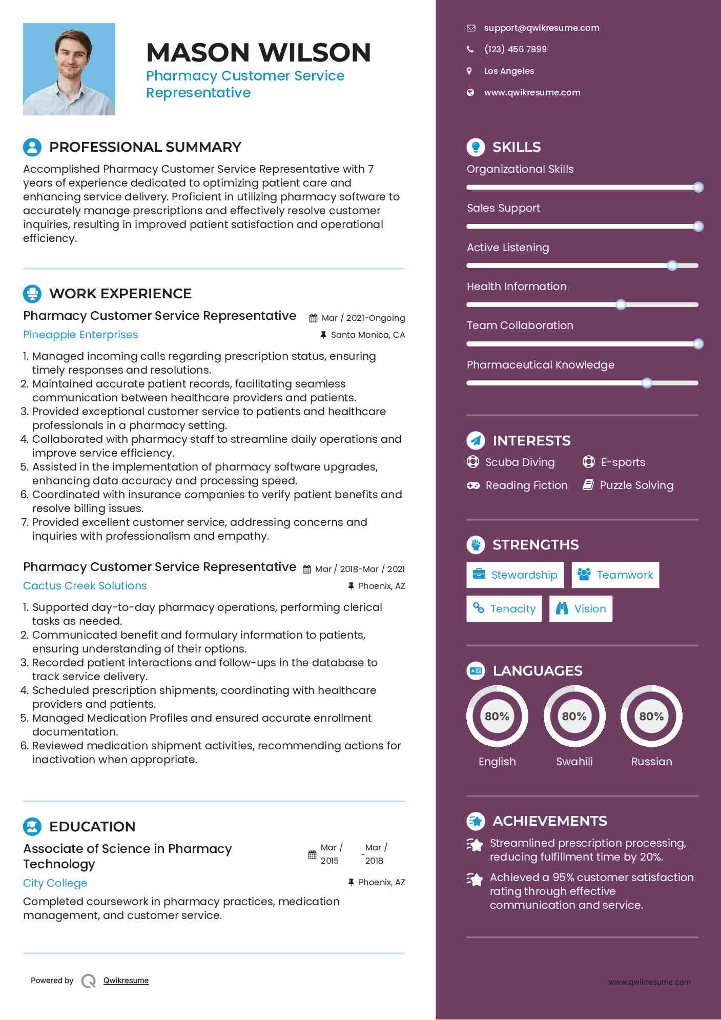 Pharmacy Customer Service Representative Resume Sample