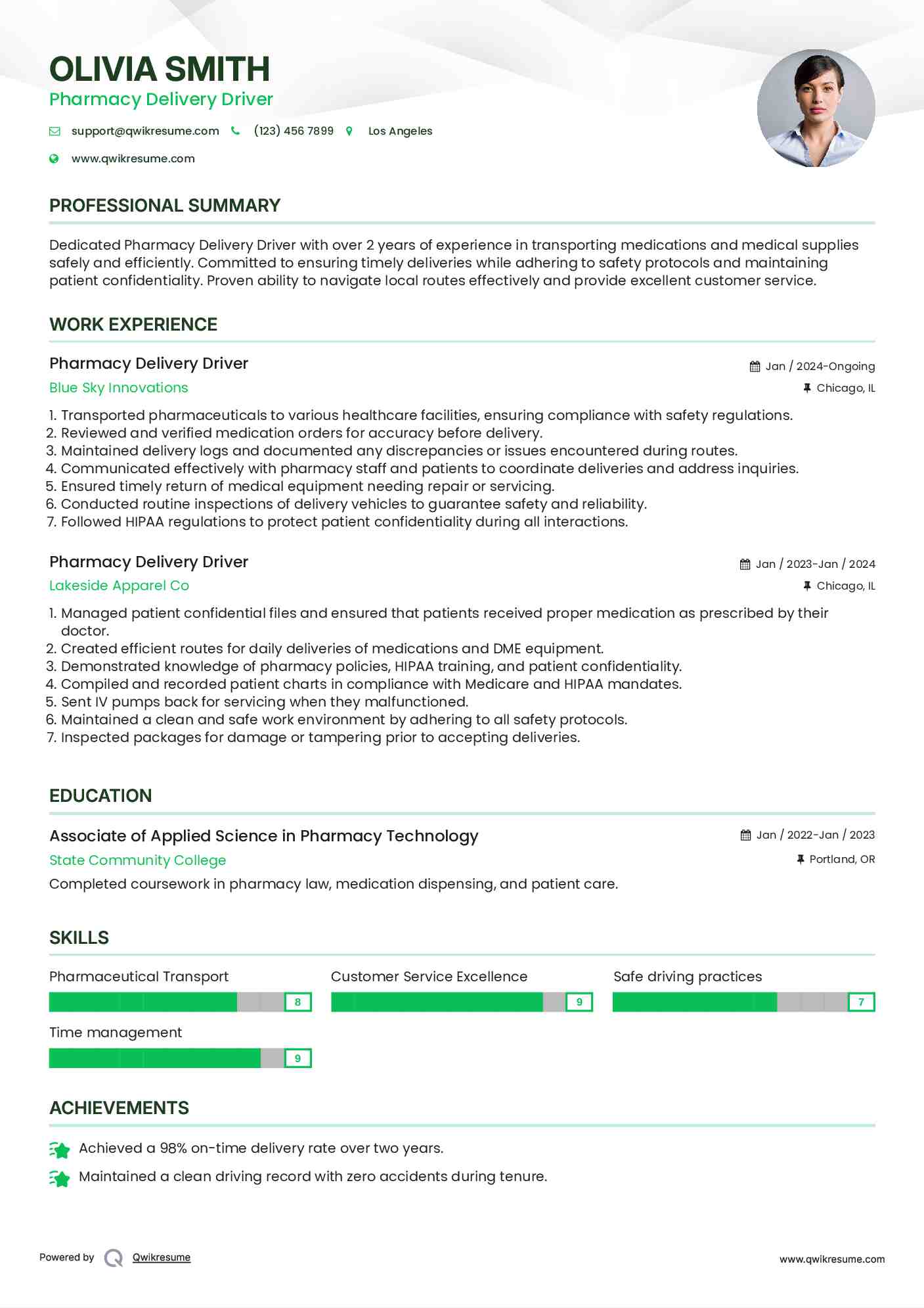 Pharmacy Delivery Driver Resume Model