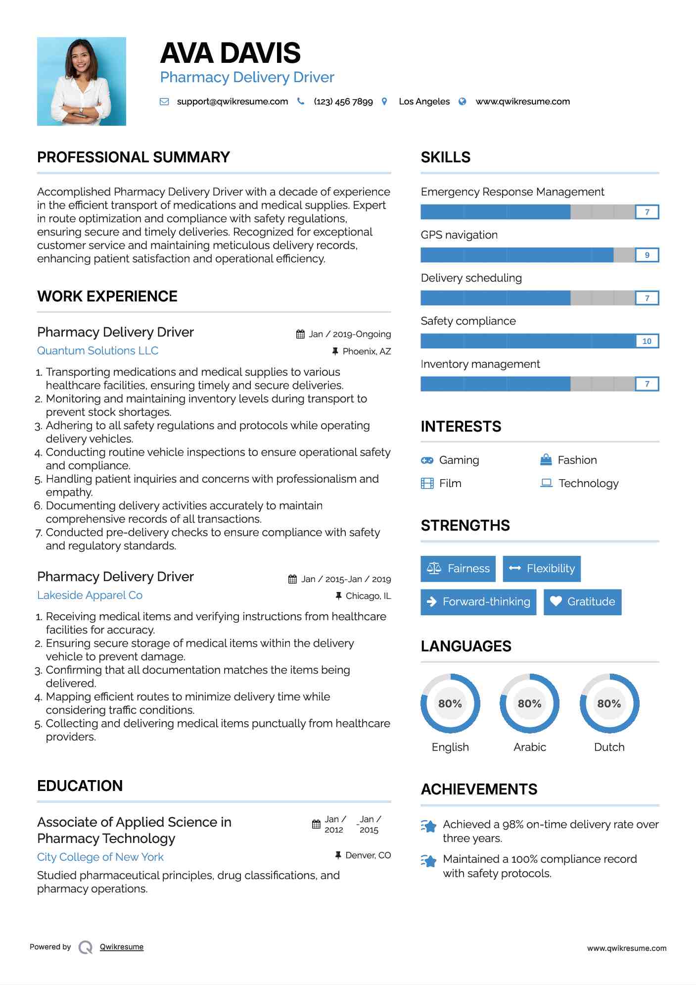 Pharmacy Delivery Driver Resume Example