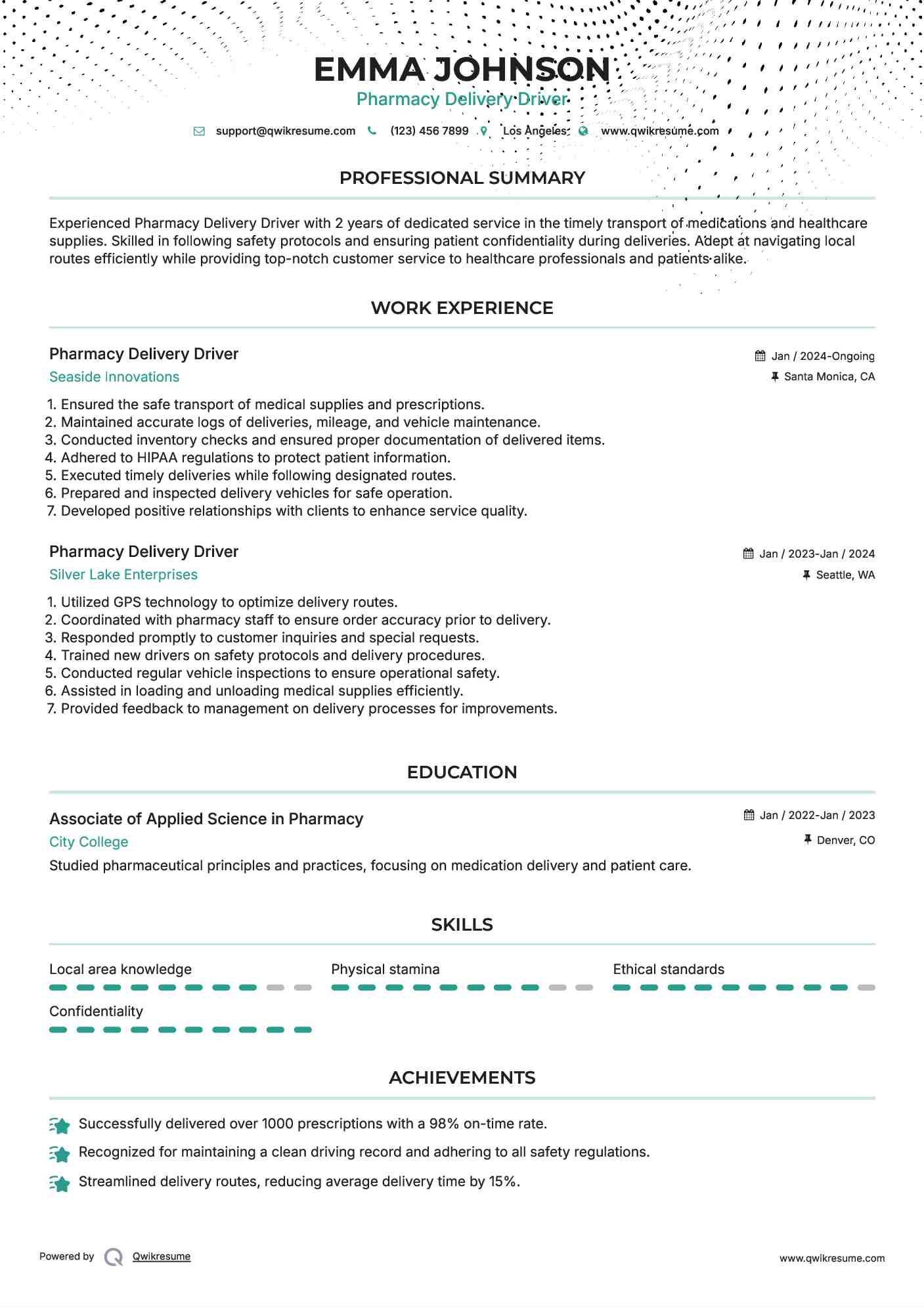 Pharmacy Delivery Driver Resume Template