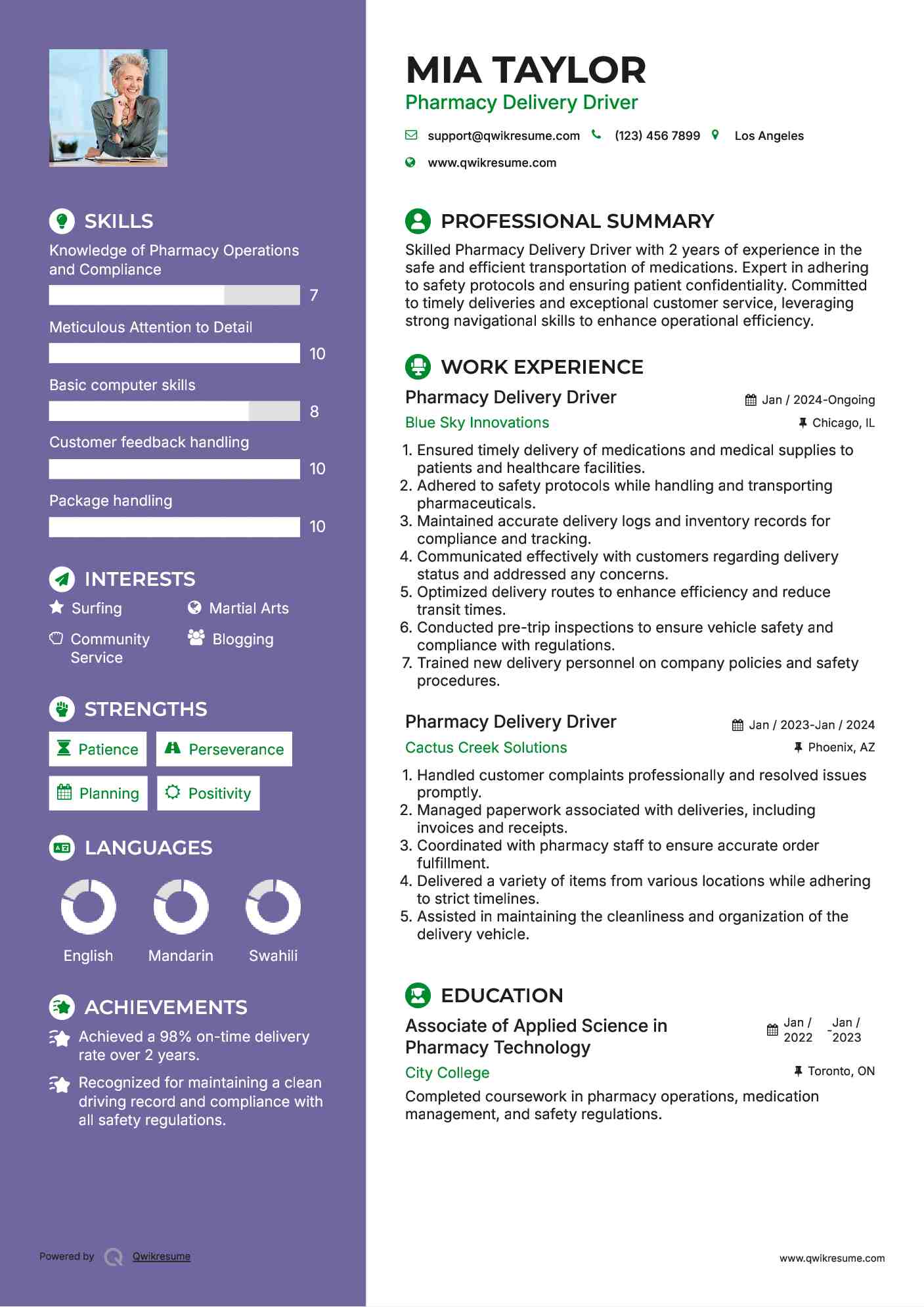 Pharmacy Delivery Driver Resume Template