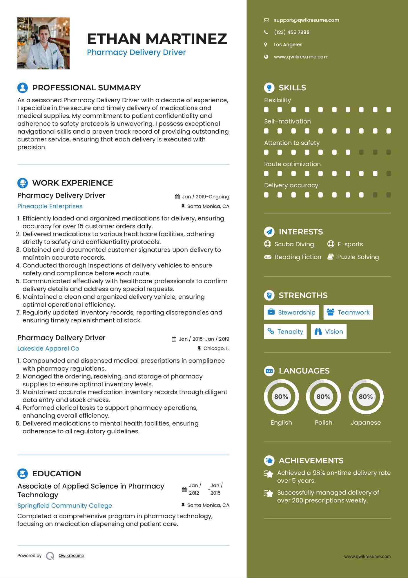Pharmacy Delivery Driver Resume Template