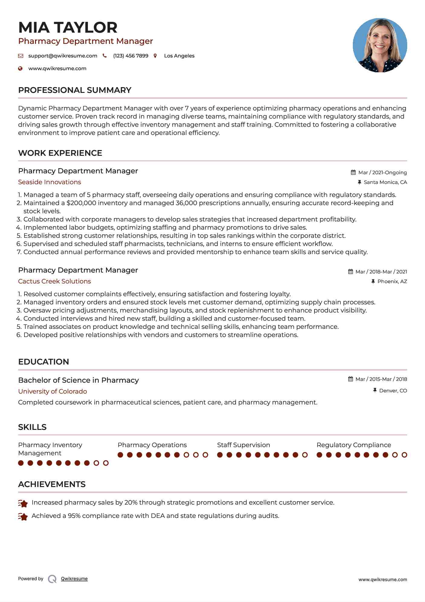 Pharmacy Department Manager Resume Sample