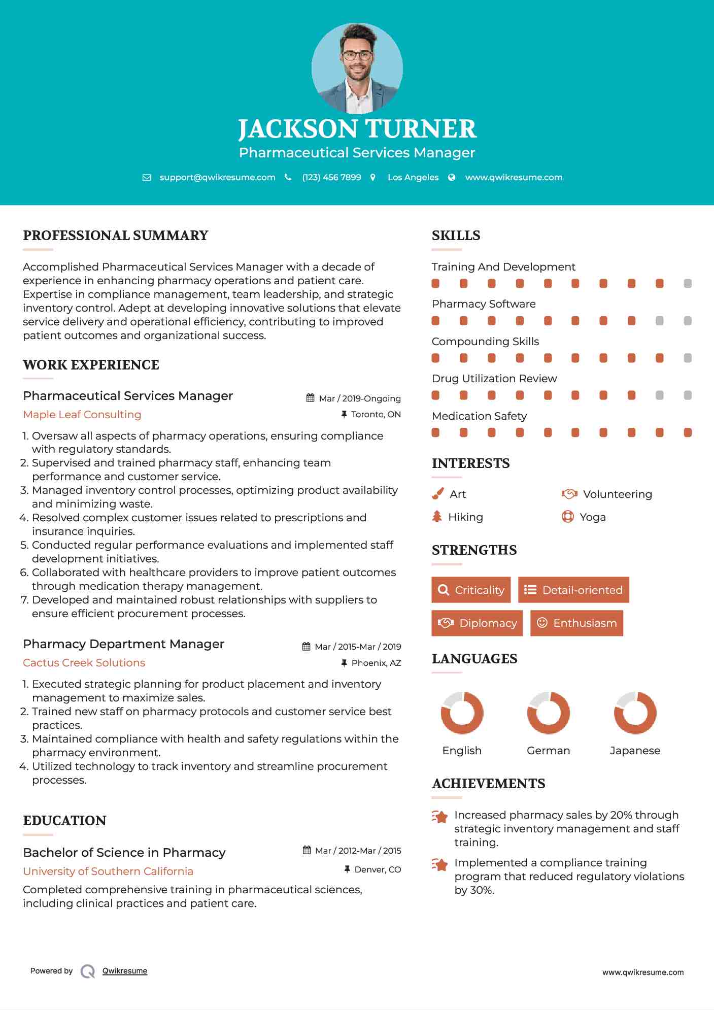 Pharmaceutical Services Manager Resume Model