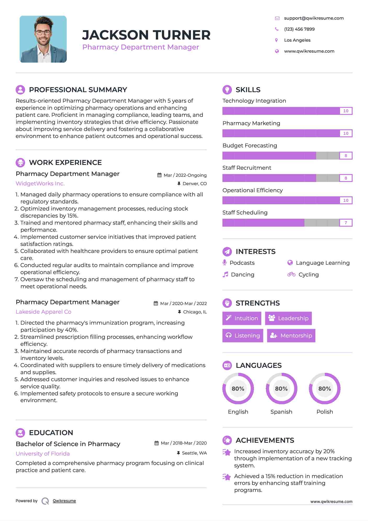 Pharmacy Department Manager Resume Example