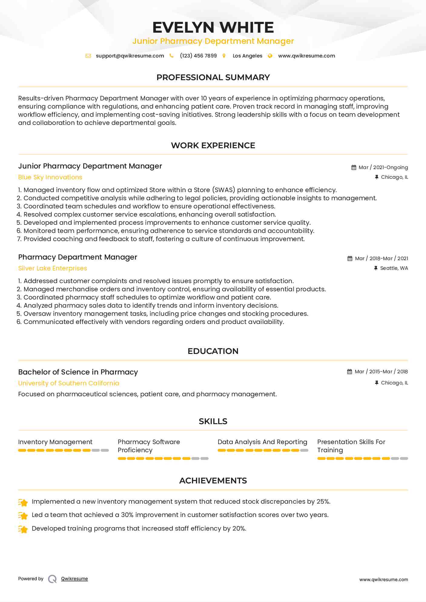 Junior Pharmacy Department Manager Resume Model