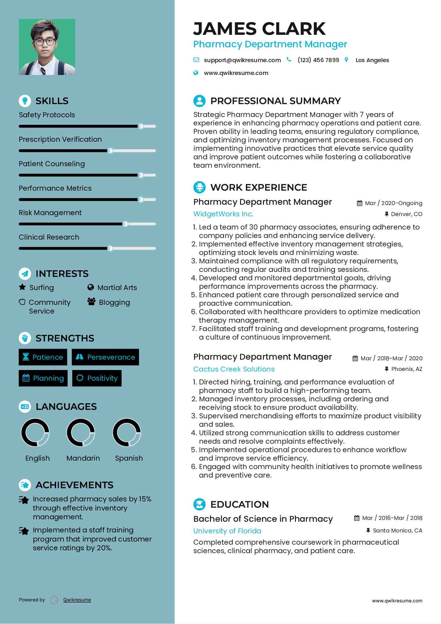 Pharmacy Department Manager Resume Example