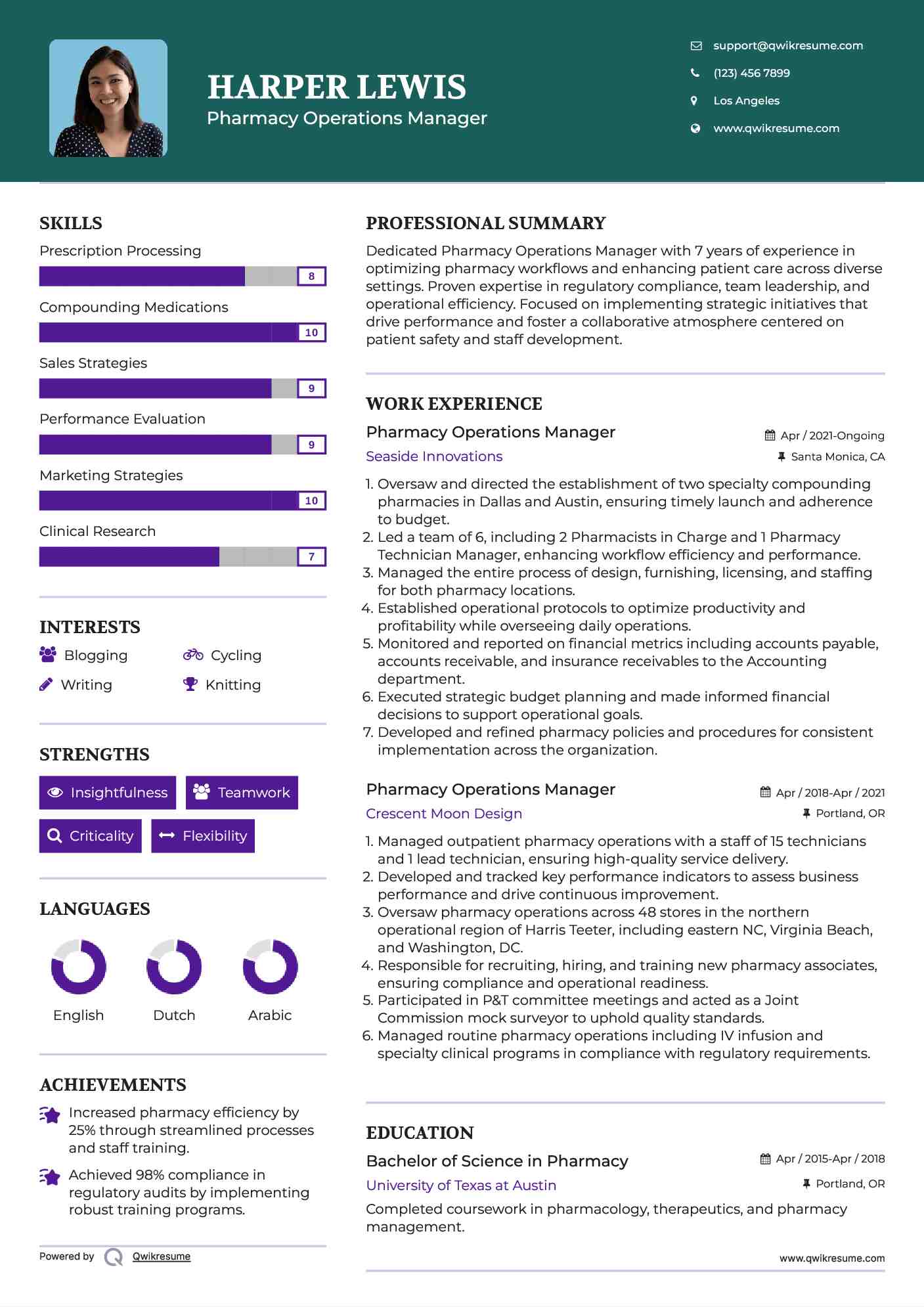 Pharmacy Operations Manager Resume Sample