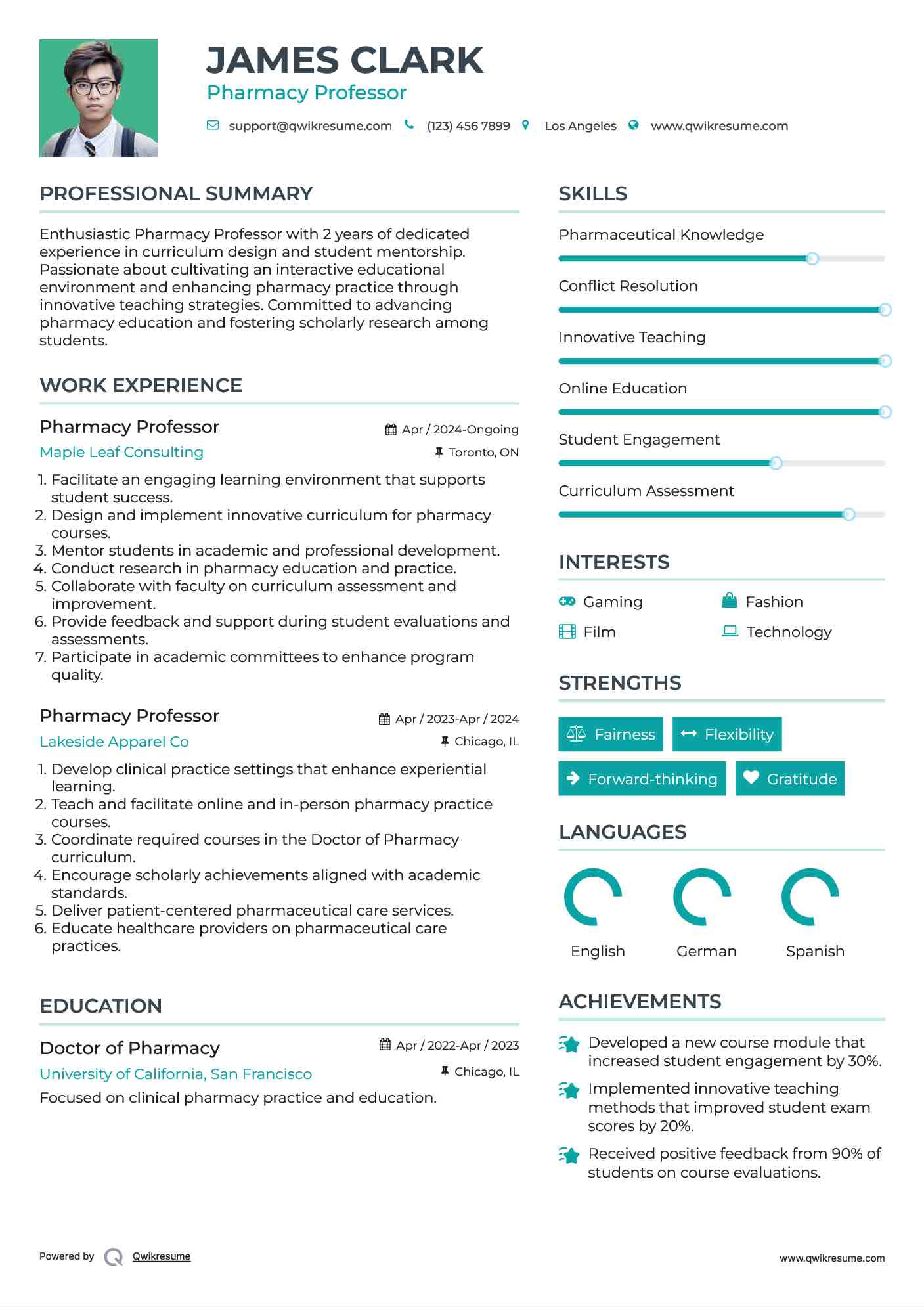 Pharmacy Professor Resume Example