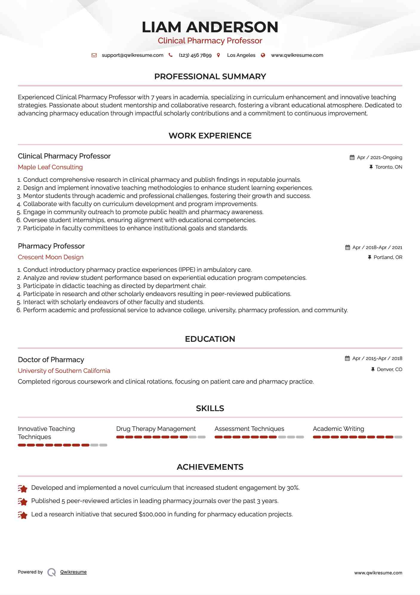 Clinical Pharmacy Professor Resume Sample