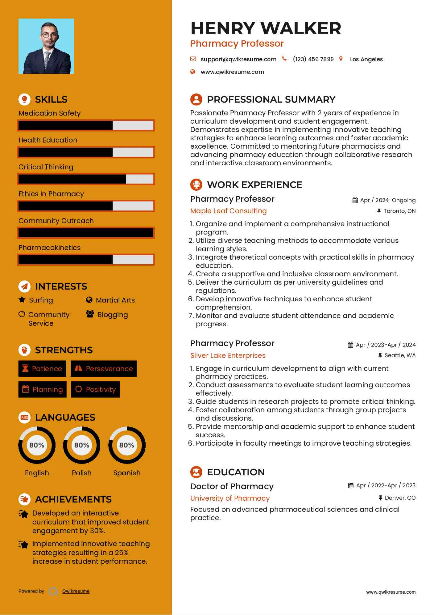 Pharmacy Professor Resume Example