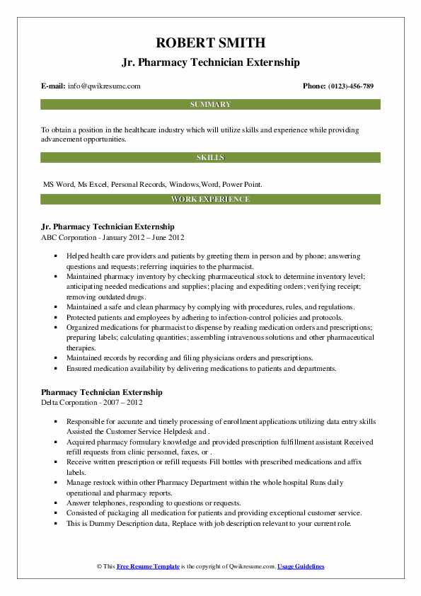 Pharmacy Technician Externship Resume Samples QwikResume