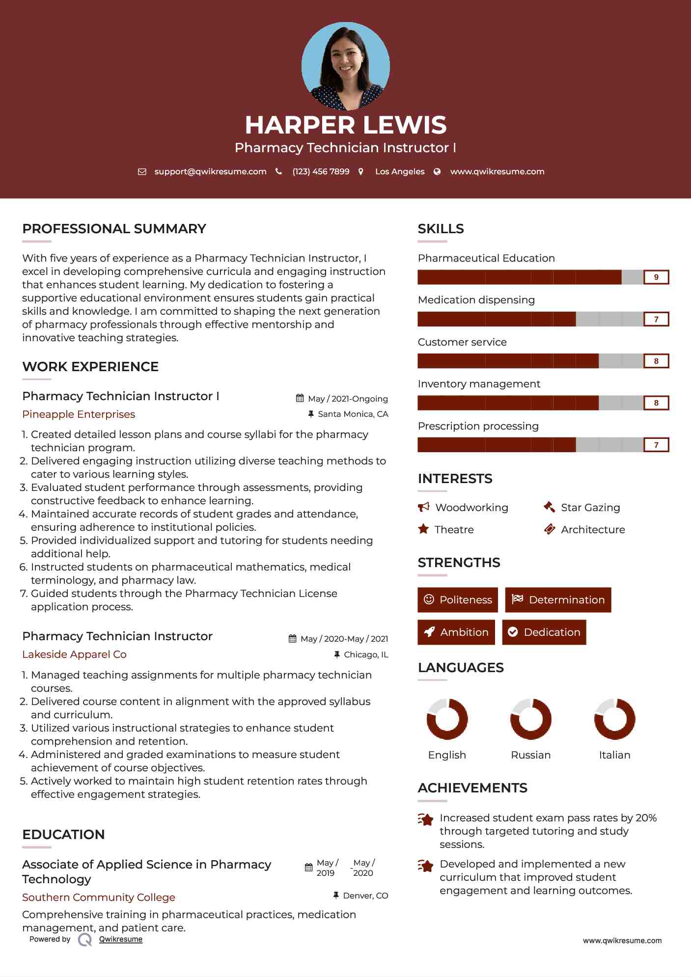 Pharmacy Technician Instructor I Resume Template