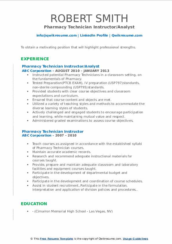 Pharmacy Technician Instructor Resume Samples Qwikresume