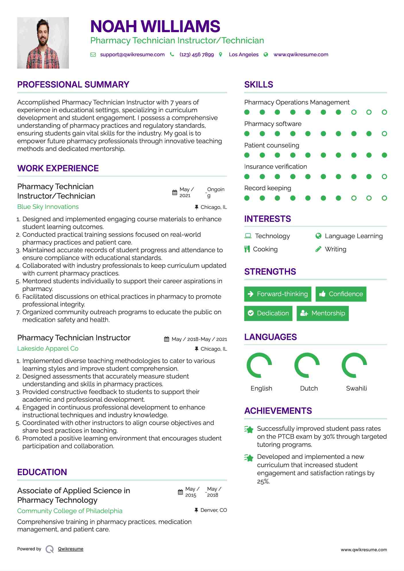 Pharmacy Technician Instructor/Technician Resume Model