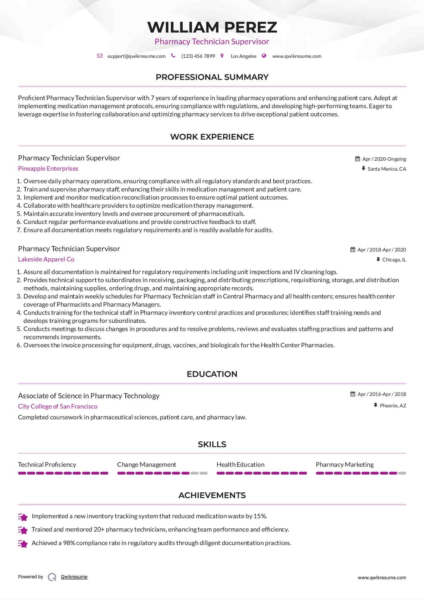 Pharmacy Technician Supervisor Resume Example