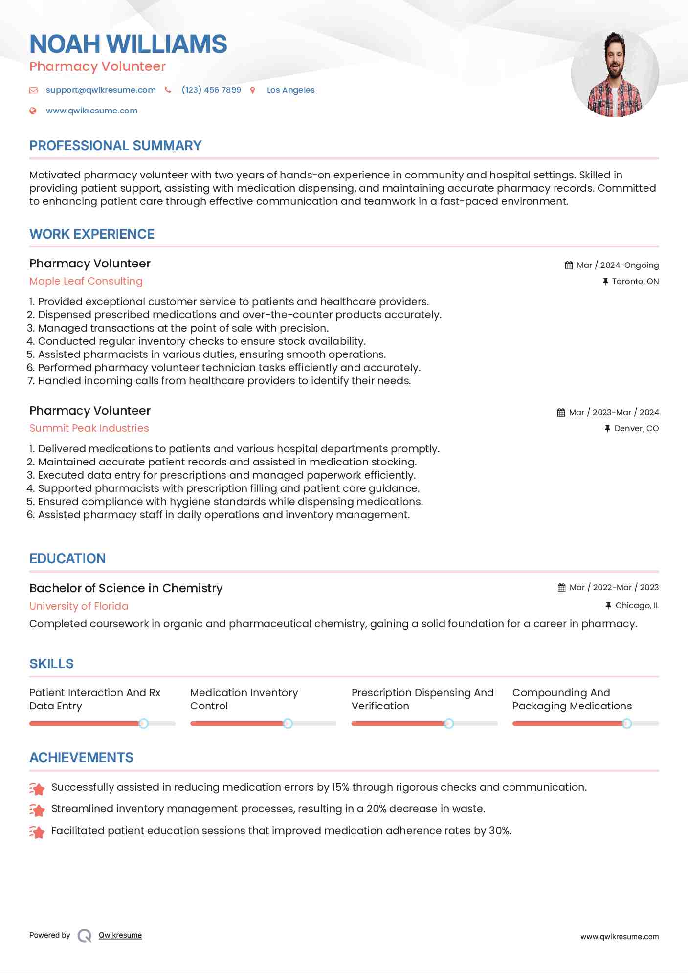 Pharmacy Volunteer Resume Example