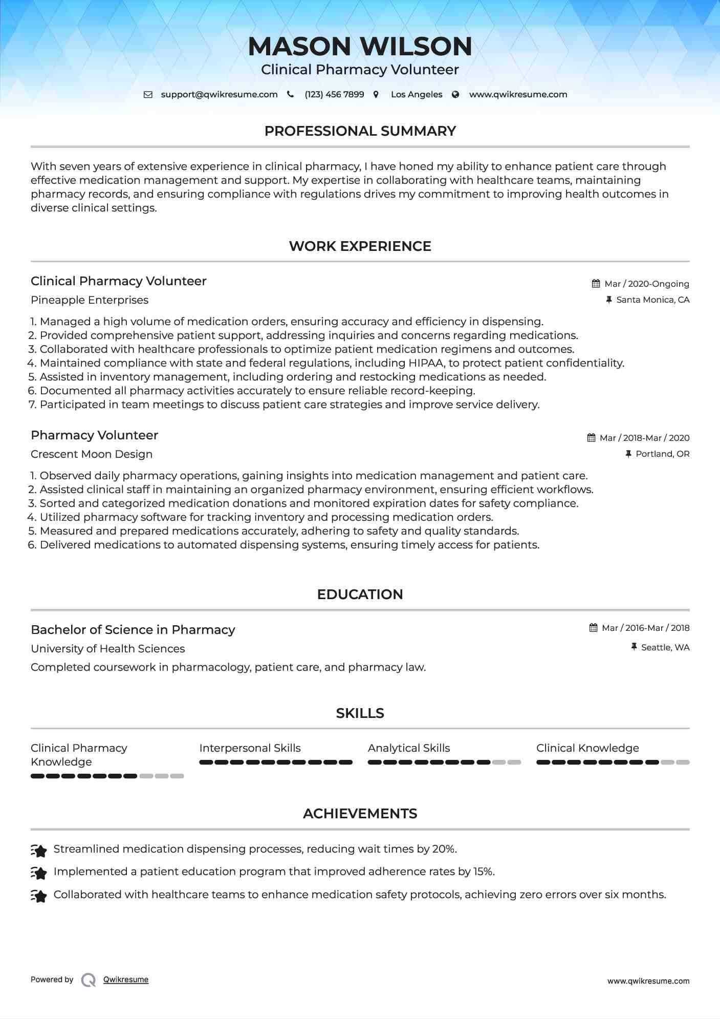 Clinical Pharmacy Volunteer Resume Template