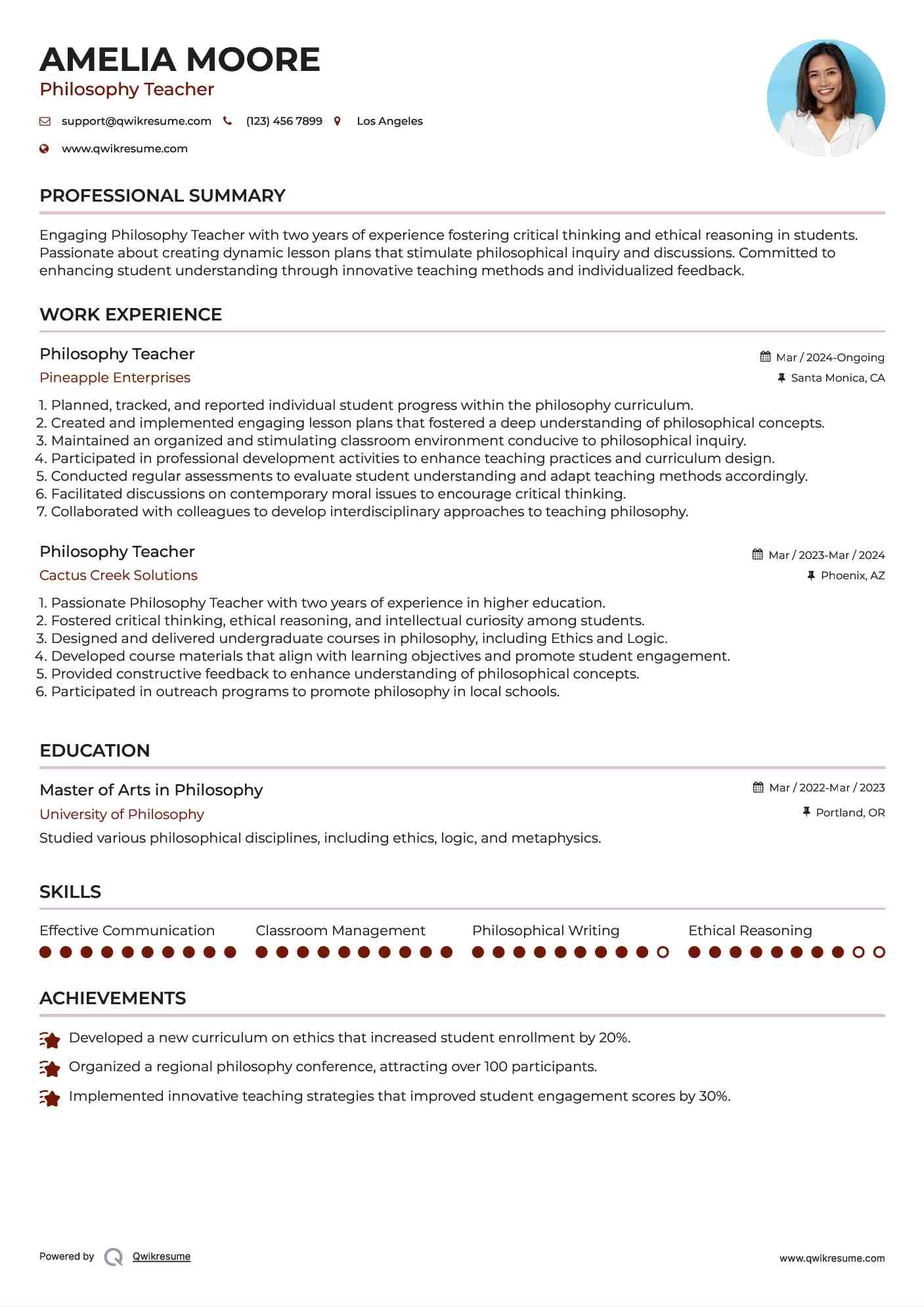 Philosophy Teacher Resume Format