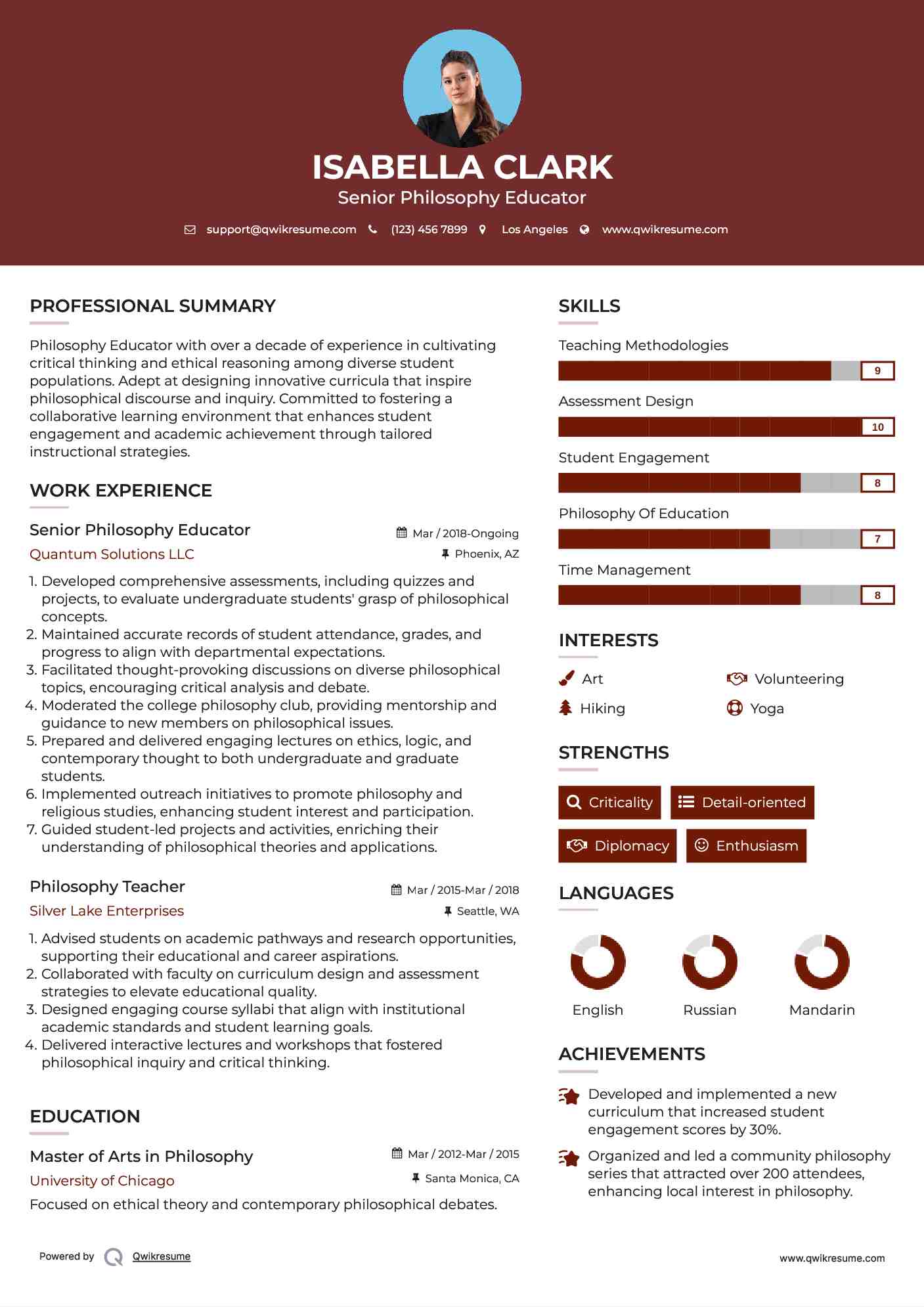 Senior Philosophy Educator Resume Example
