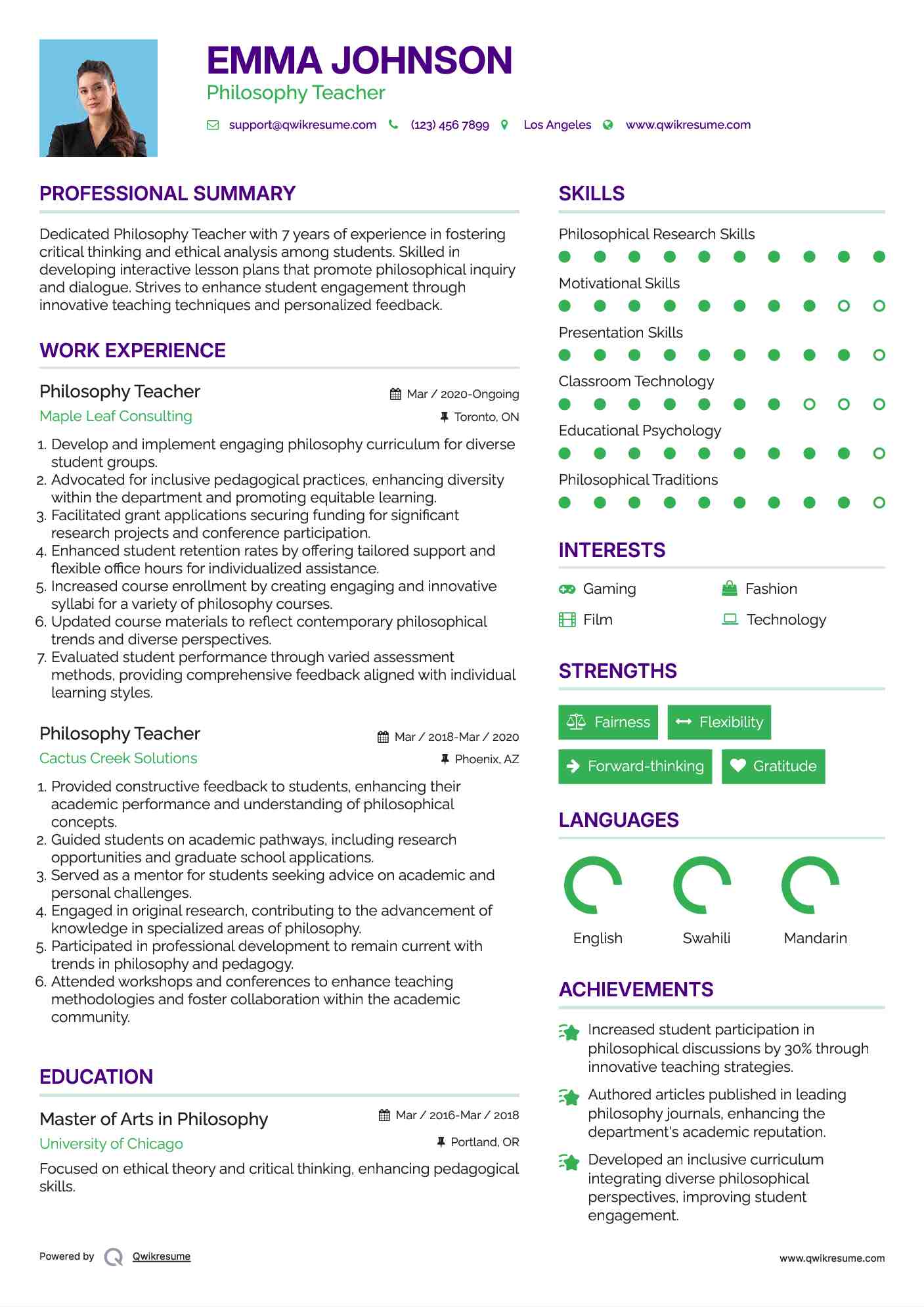 Philosophy Teacher Resume Sample