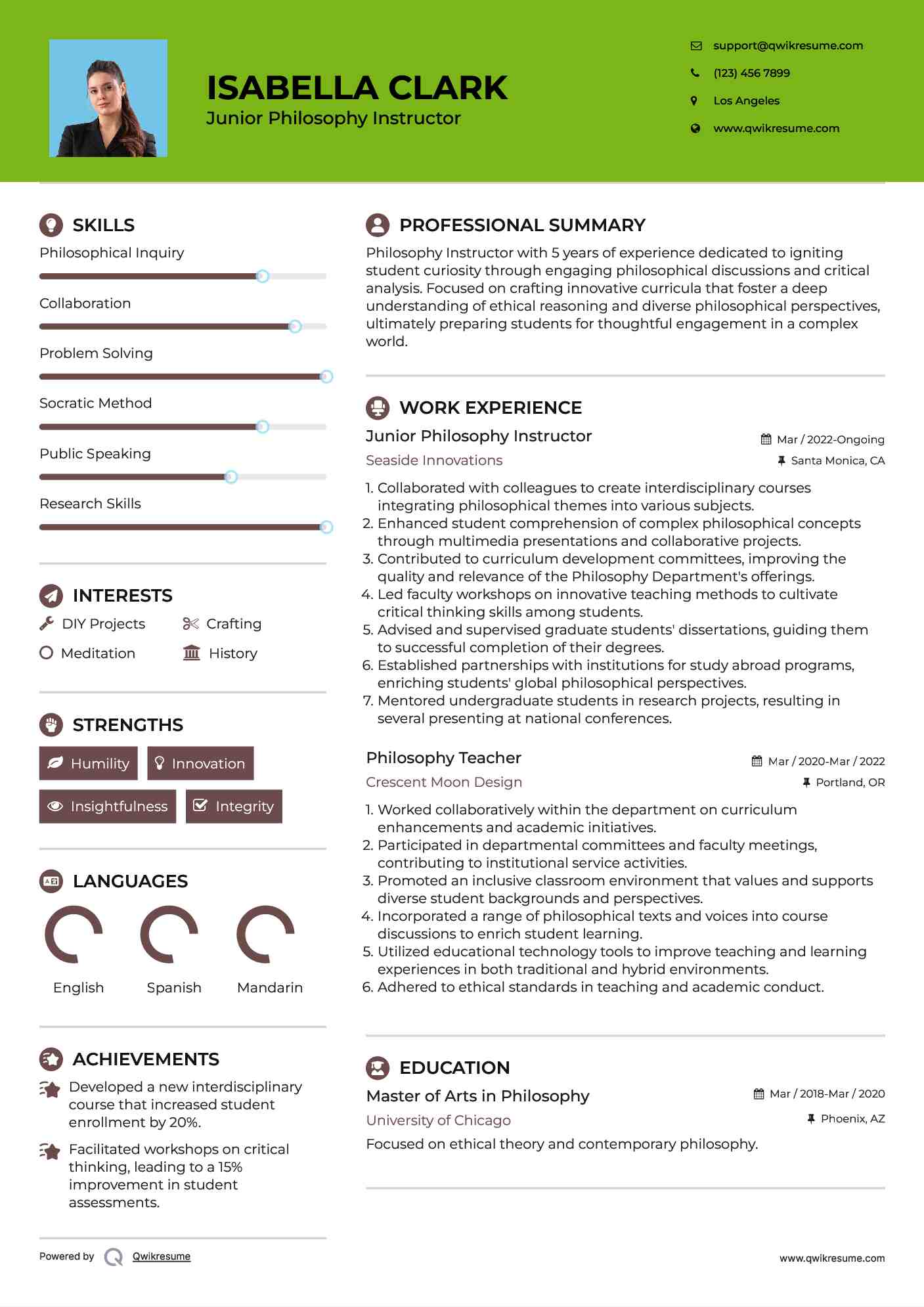 Junior Philosophy Instructor Resume Model