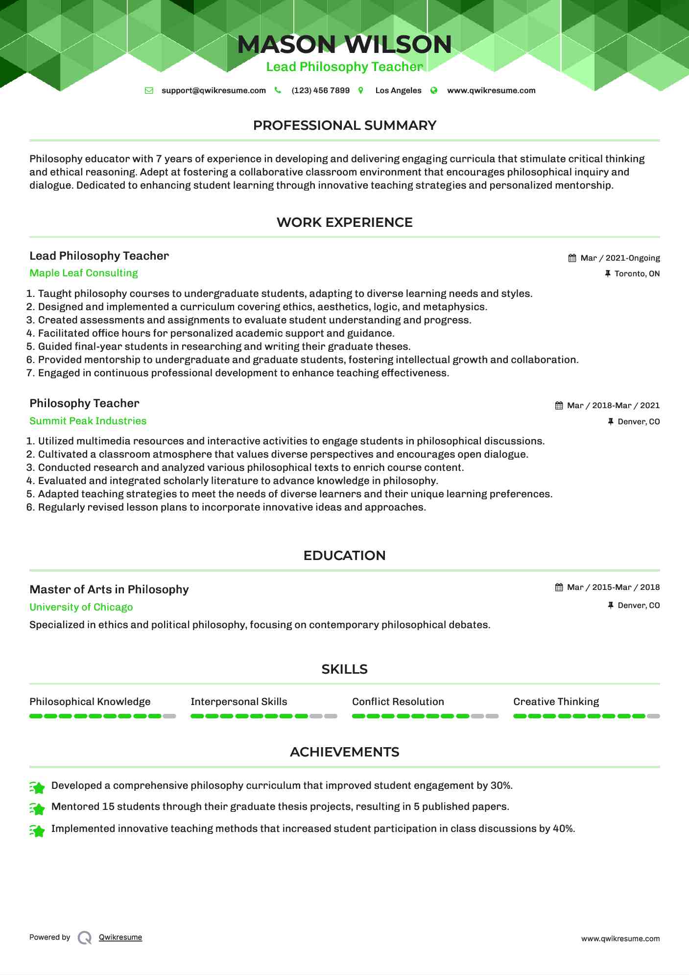 Lead Philosophy Teacher Resume Model