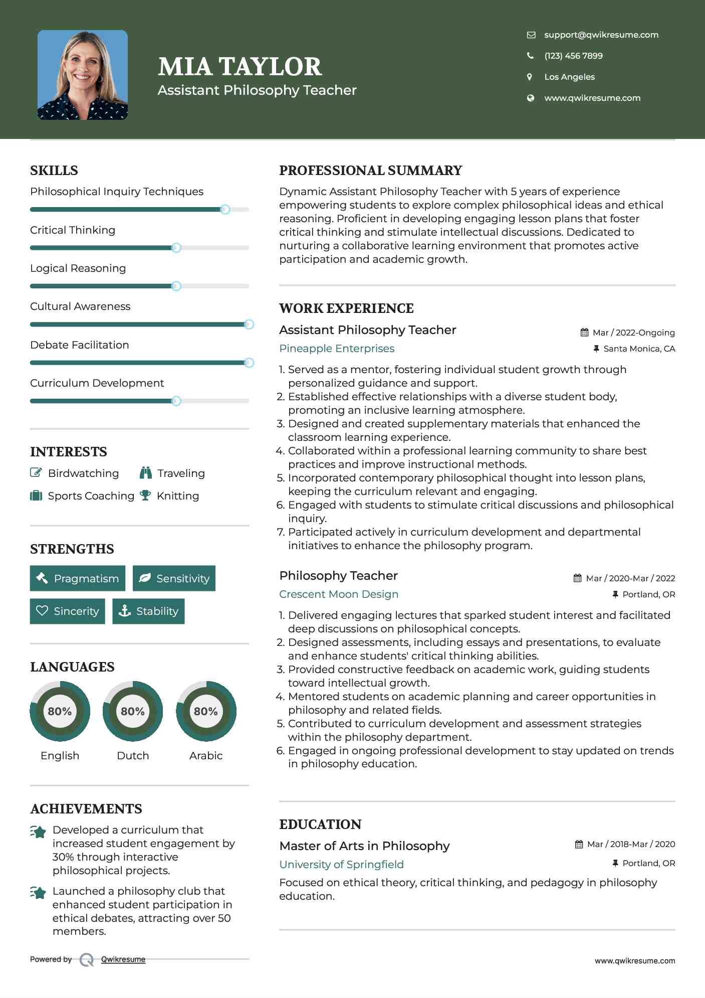 Assistant Philosophy Teacher Resume Format