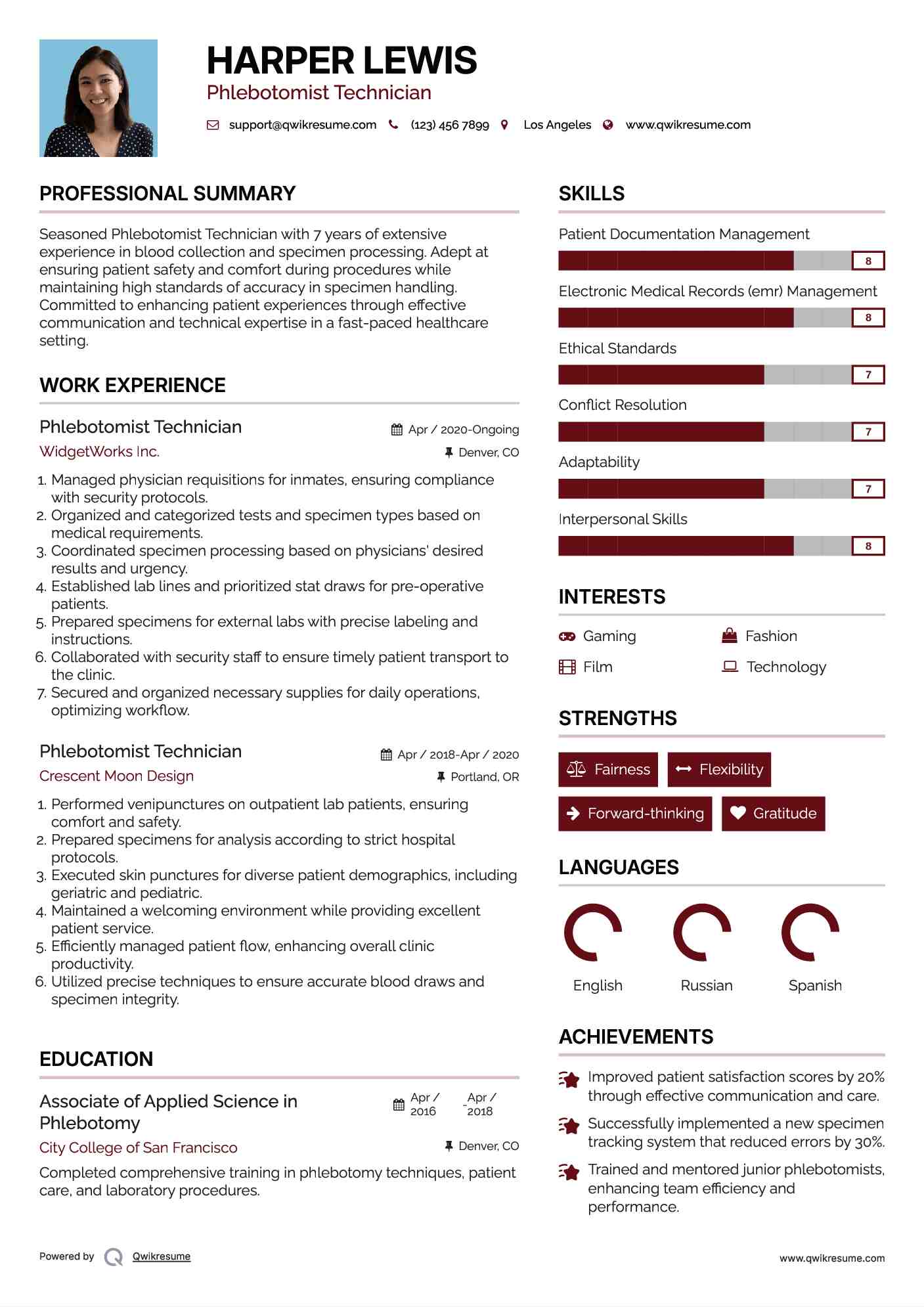 Phlebotomist Technician Resume Samples | QwikResume