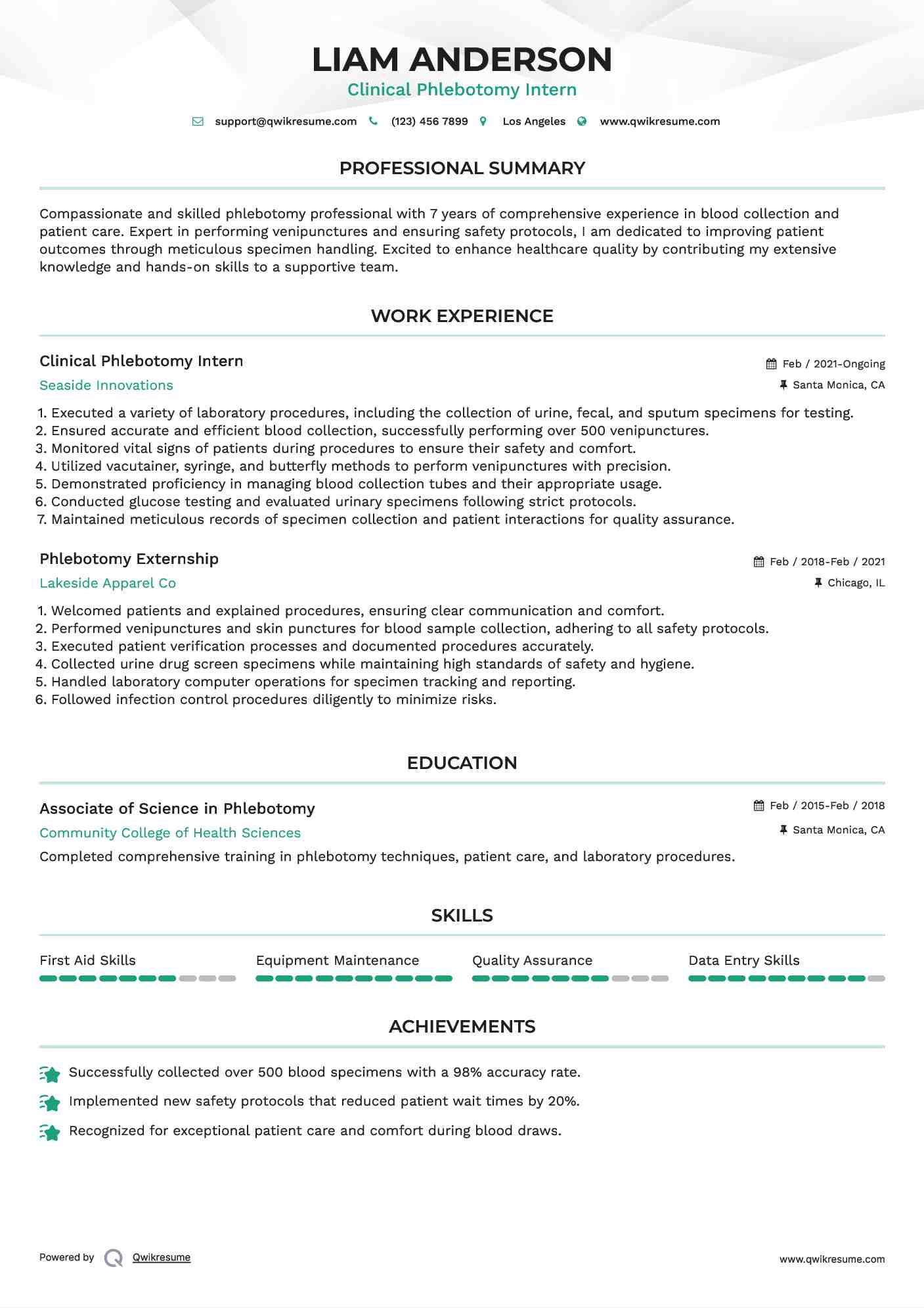 Clinical Phlebotomy Intern Resume Model