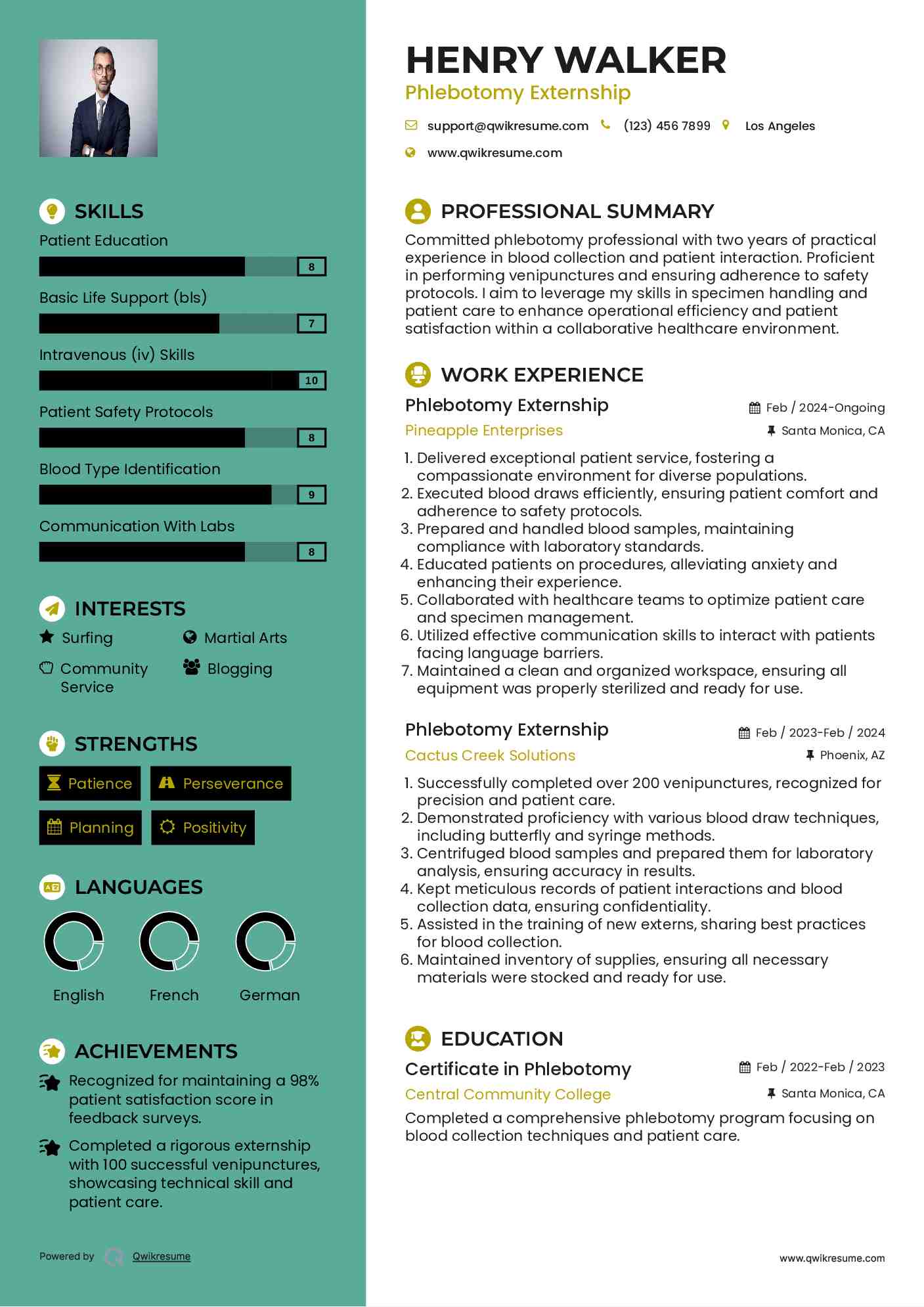 Phlebotomy Externship Resume Sample