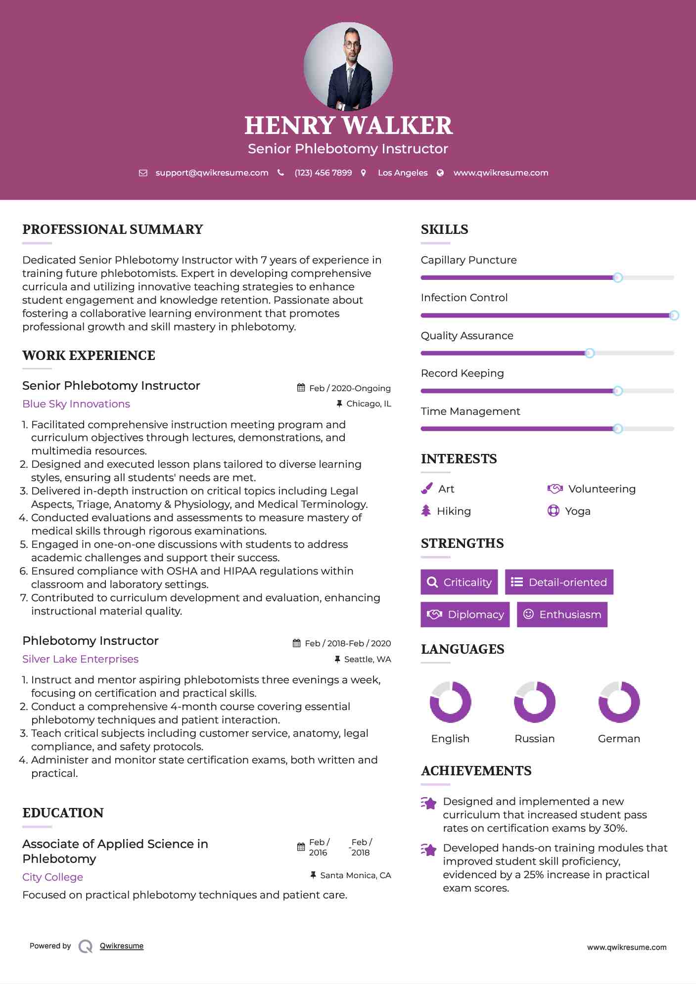 Senior Phlebotomy Instructor Resume Template