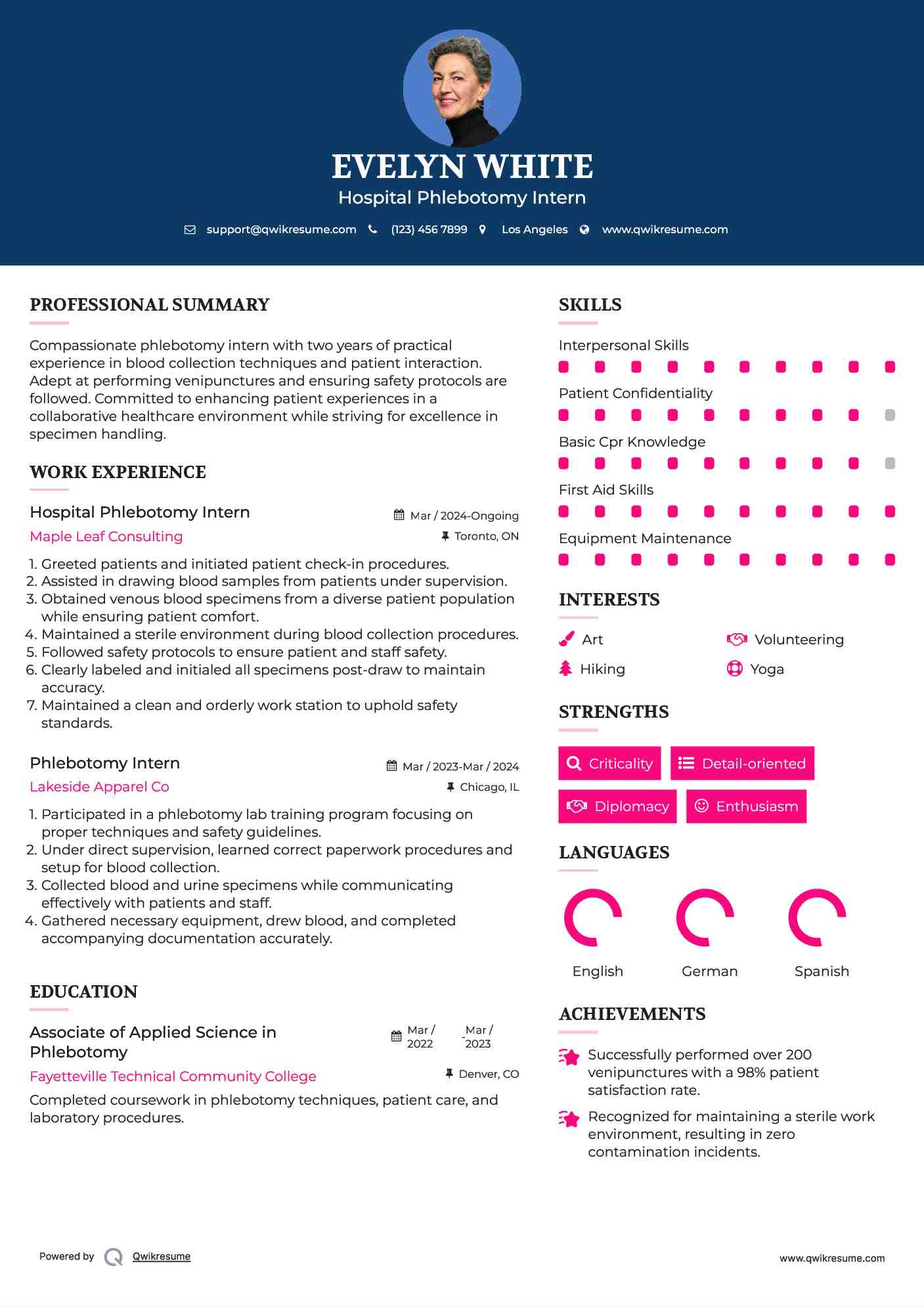 Hospital Phlebotomy Intern Resume Example