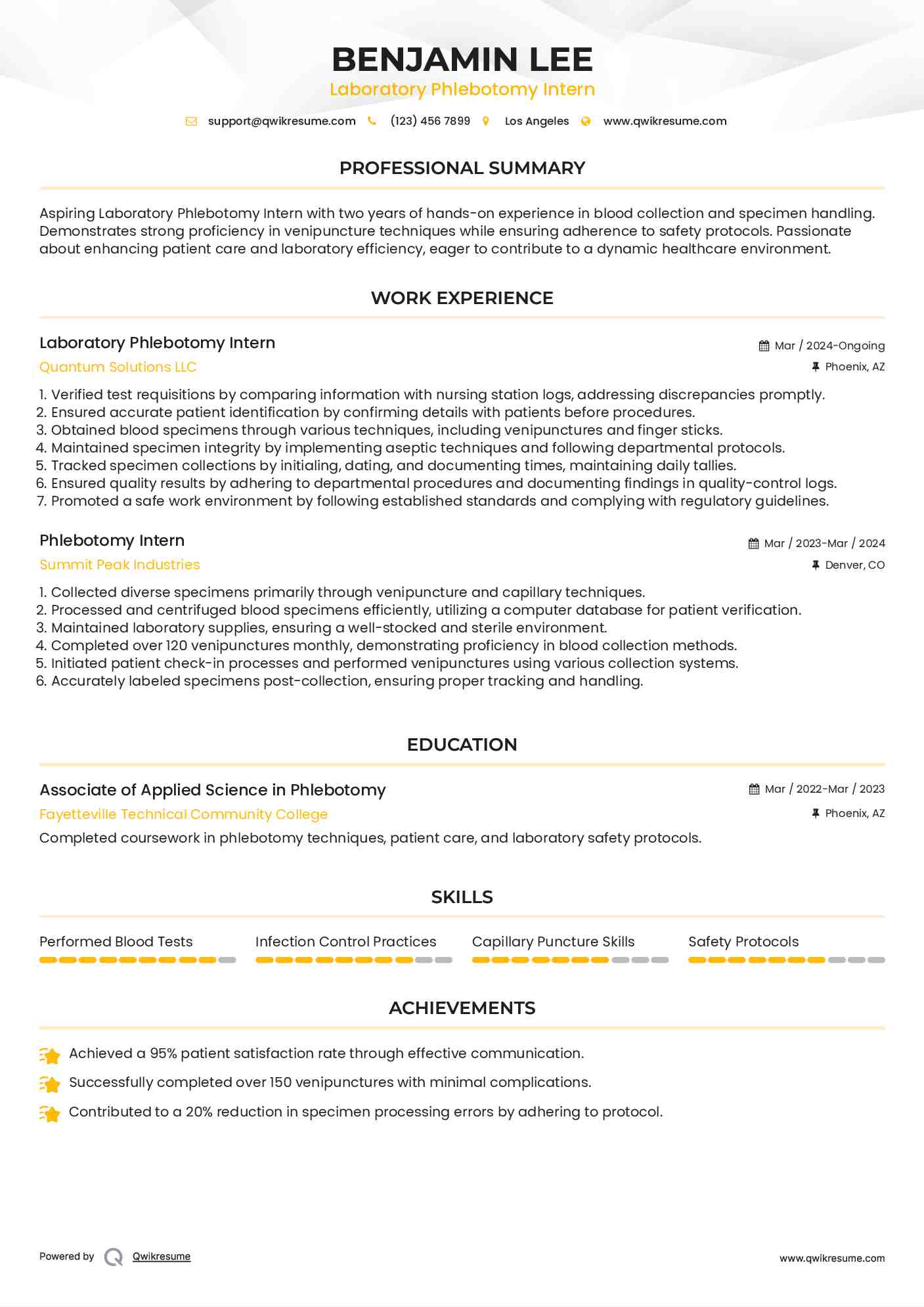 Laboratory Phlebotomy Intern Resume Example